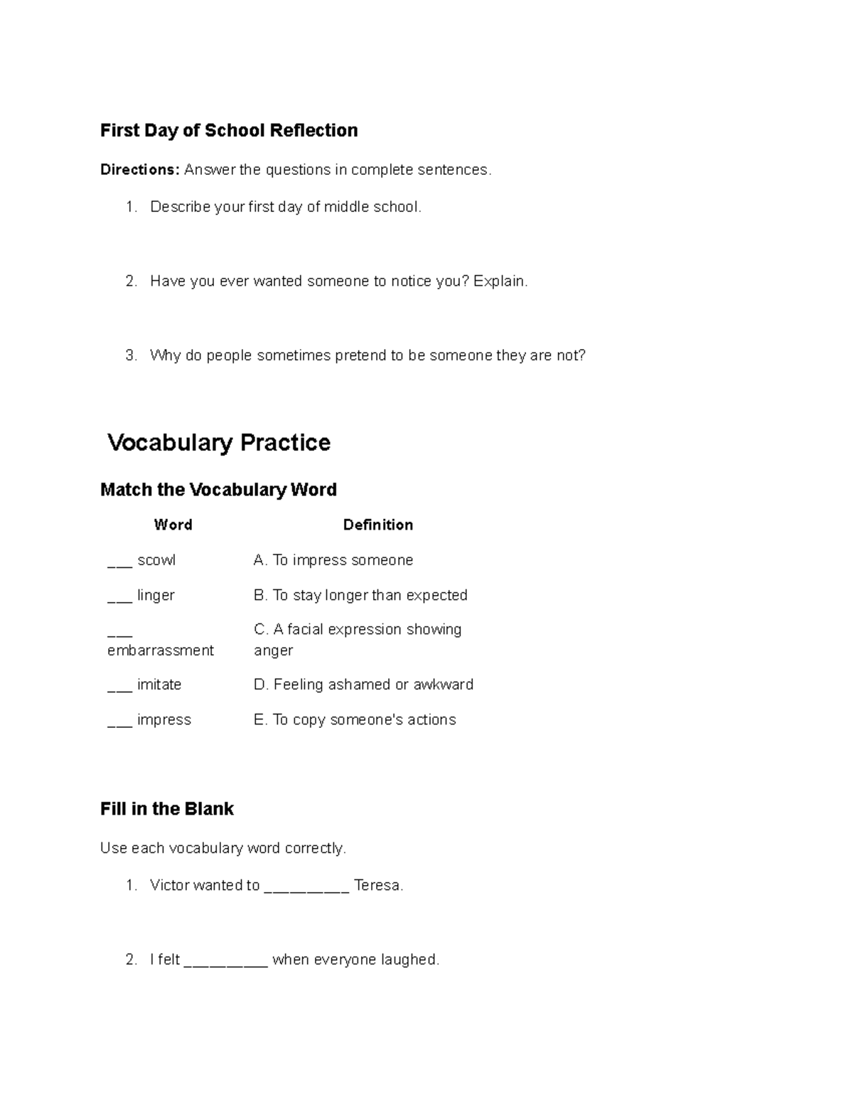 First Day of School Reflection Worksheet 2 - Studocu