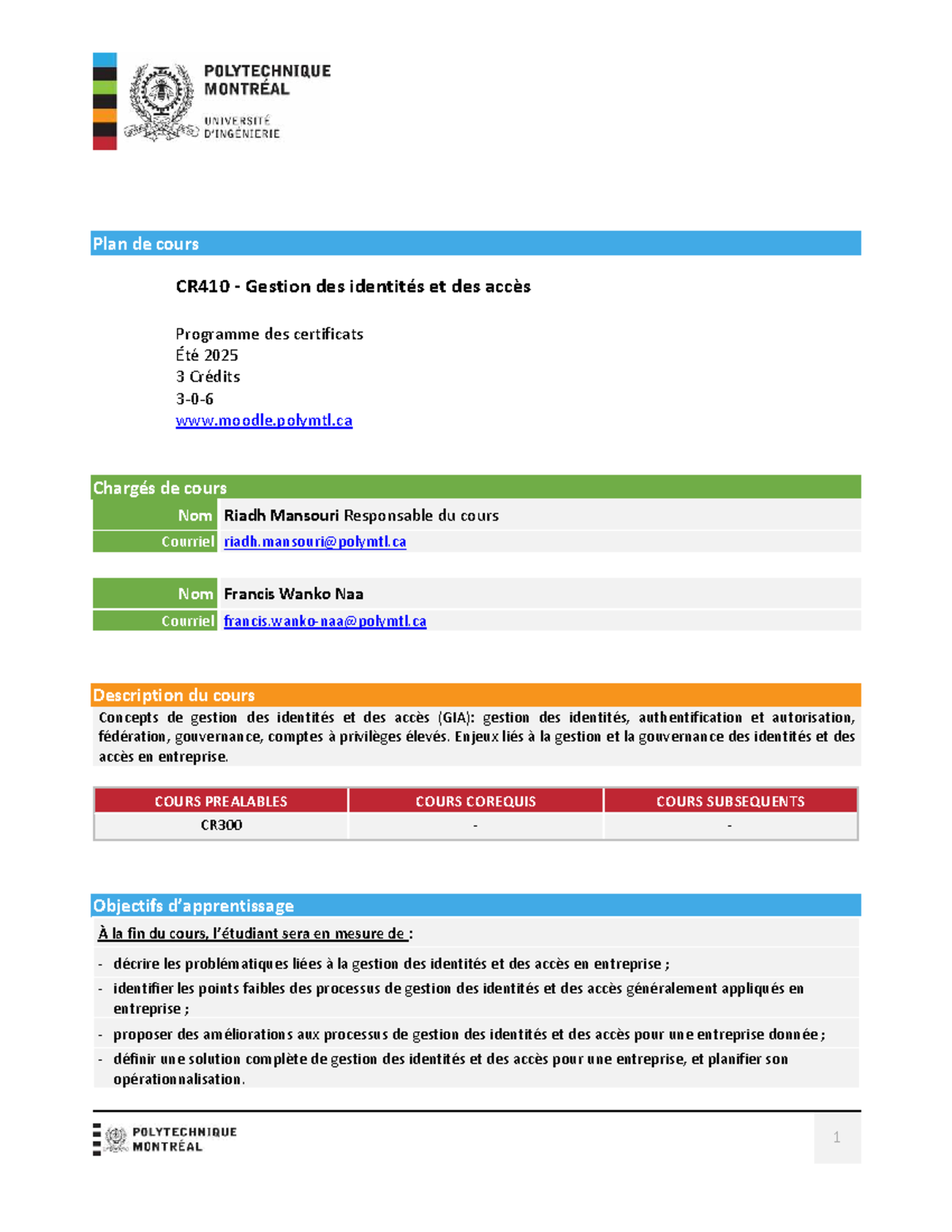 Plan de Cours CR410: Gestion des Identités et Accès - Été 2025 - Studocu