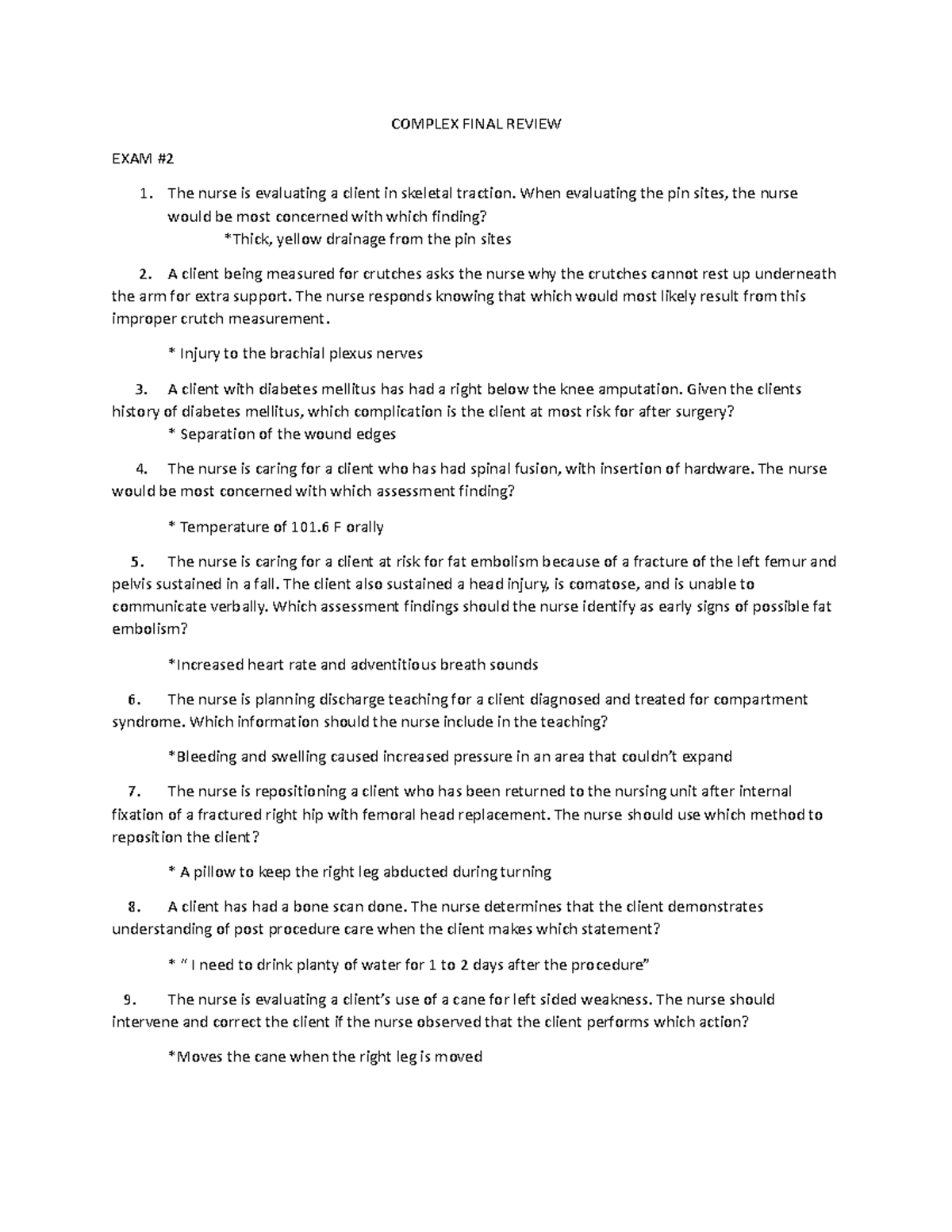 Complex Nursing Final Exam Review - Key Considerations and Assessments ...