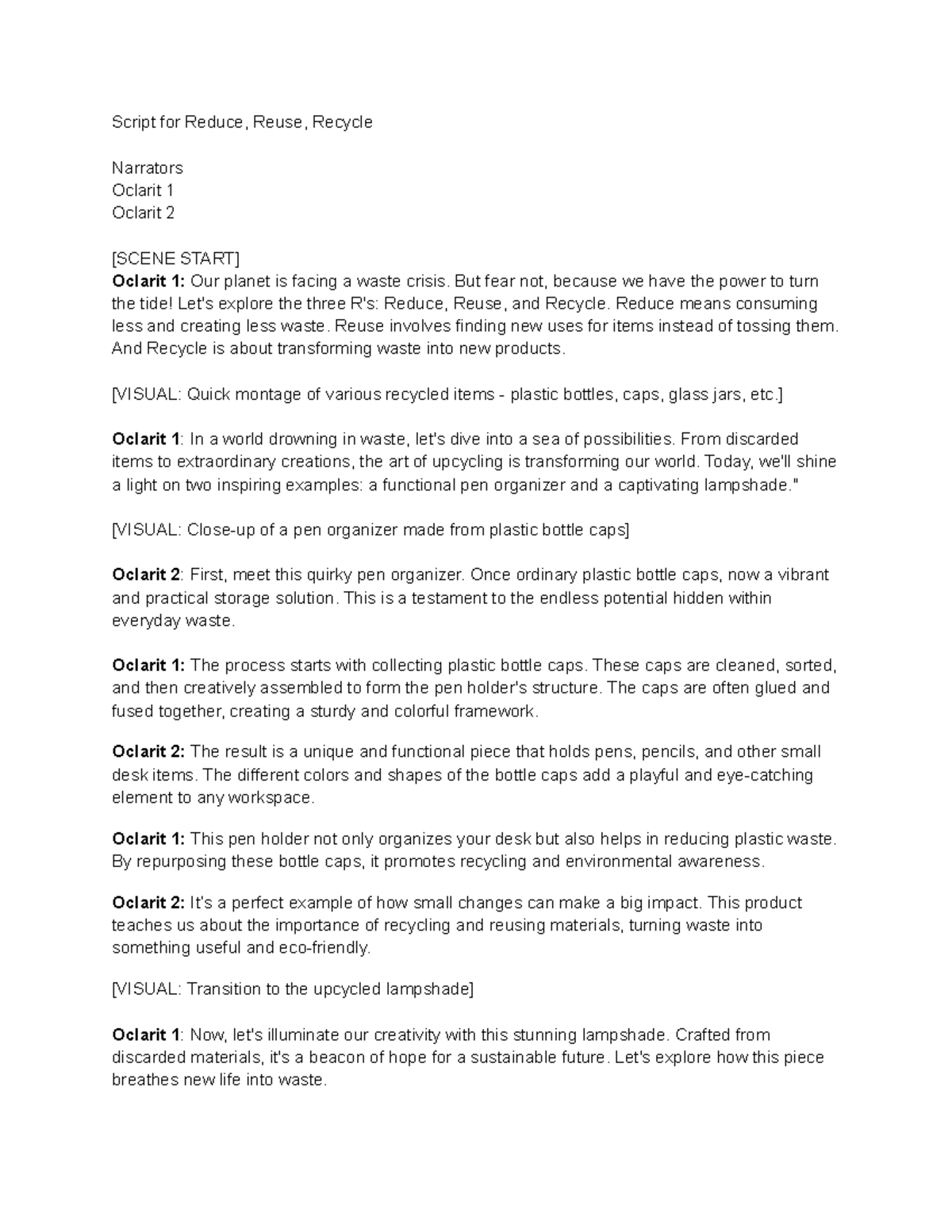 SCX - Reduce, Reuse, Recycle Script for Sustainability Narration - Studocu