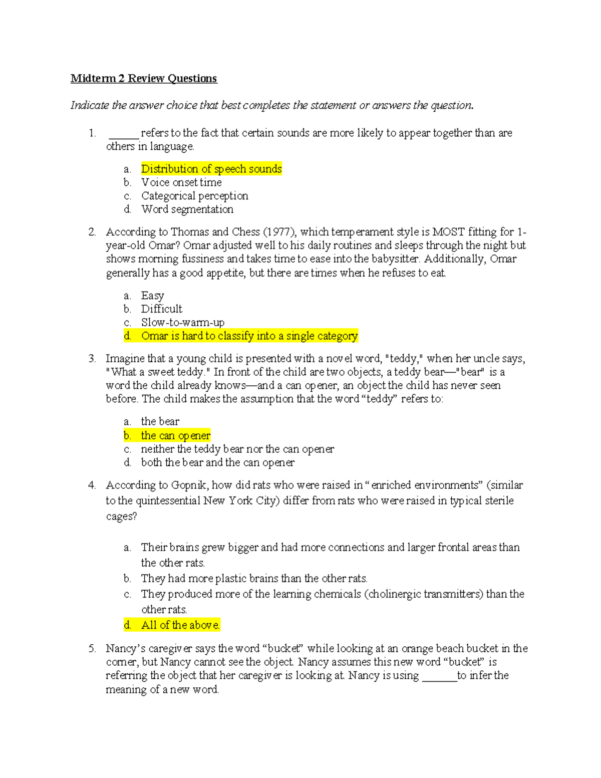 Midterm 2 Practice Test final - Midterm 2 Review Questions Indicate the ...