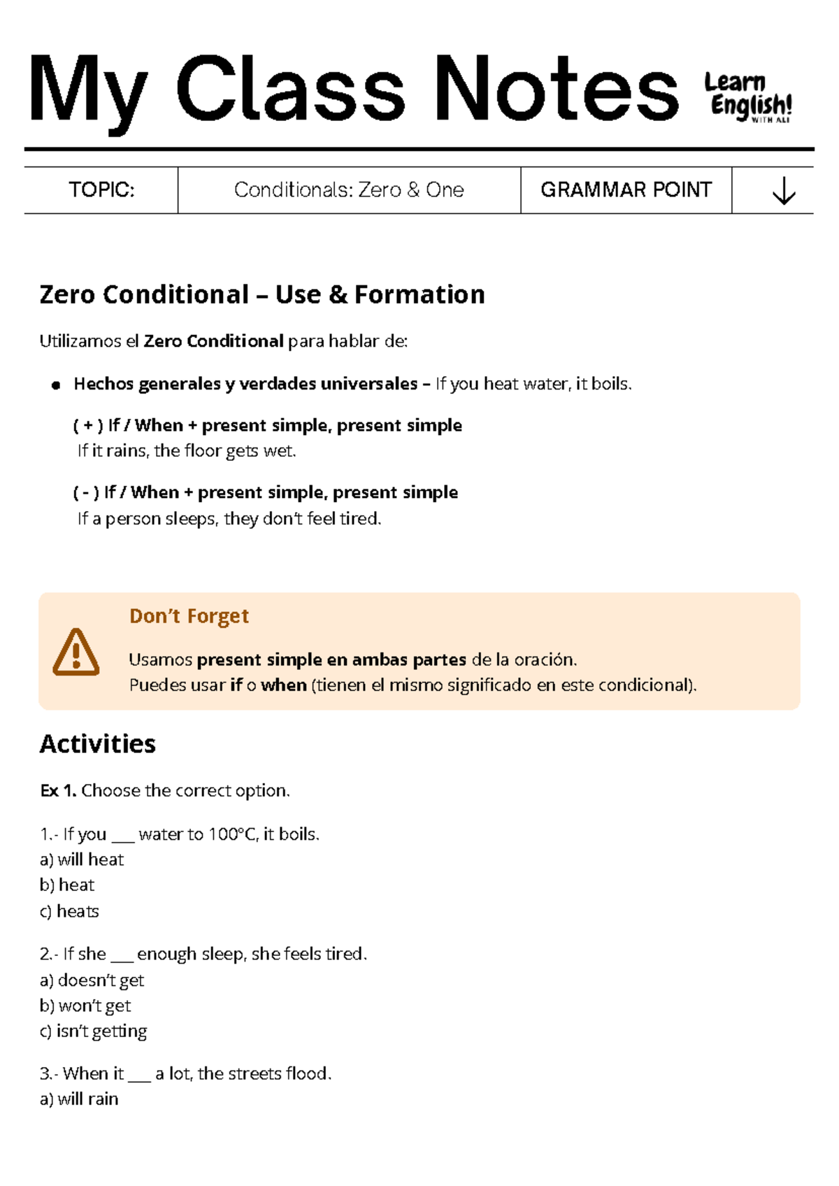 Conditionals: Zero & First - Class Notes for Grammar Study - Studocu