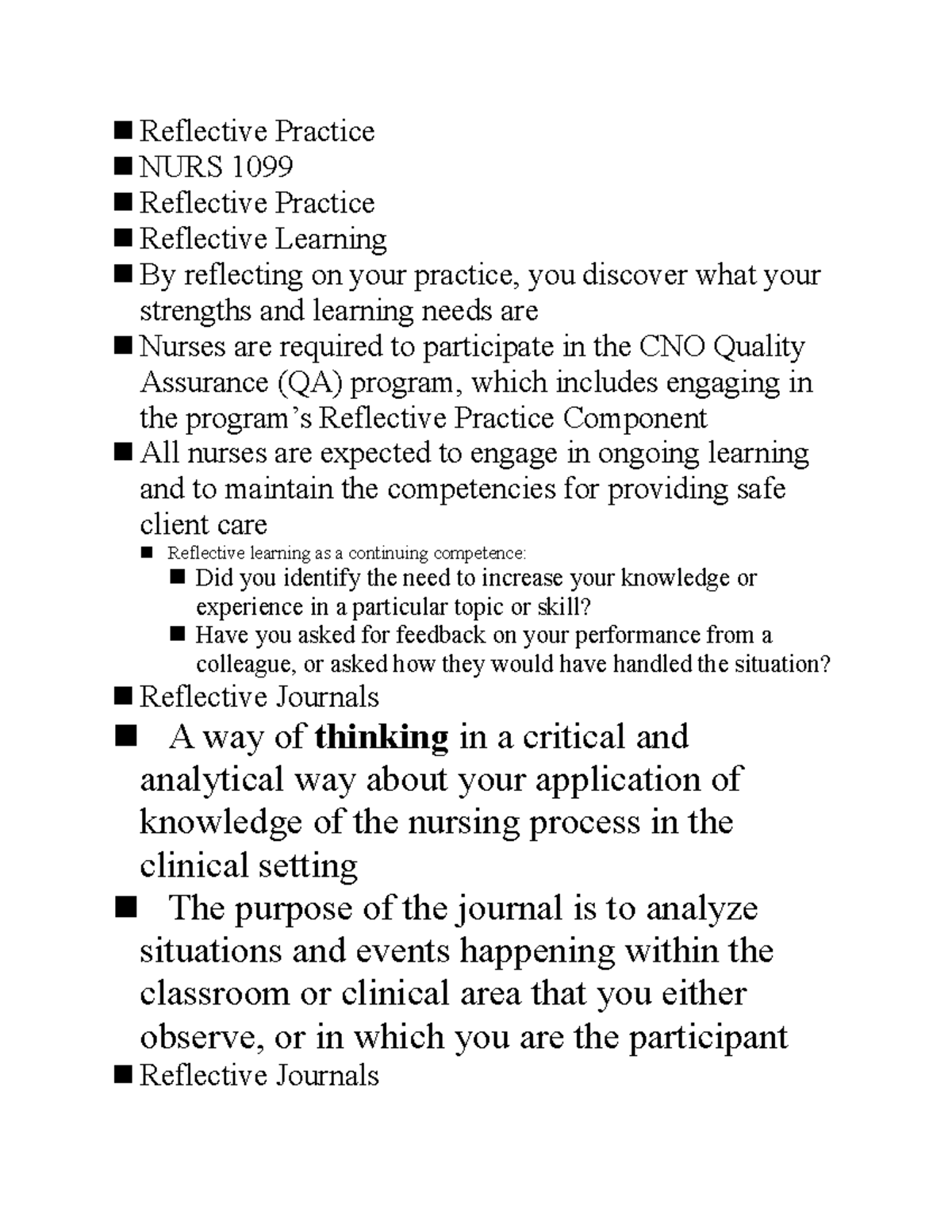 Reflective Practice - Lecture notes 11 - Reflective Practice NURS 1099 ...