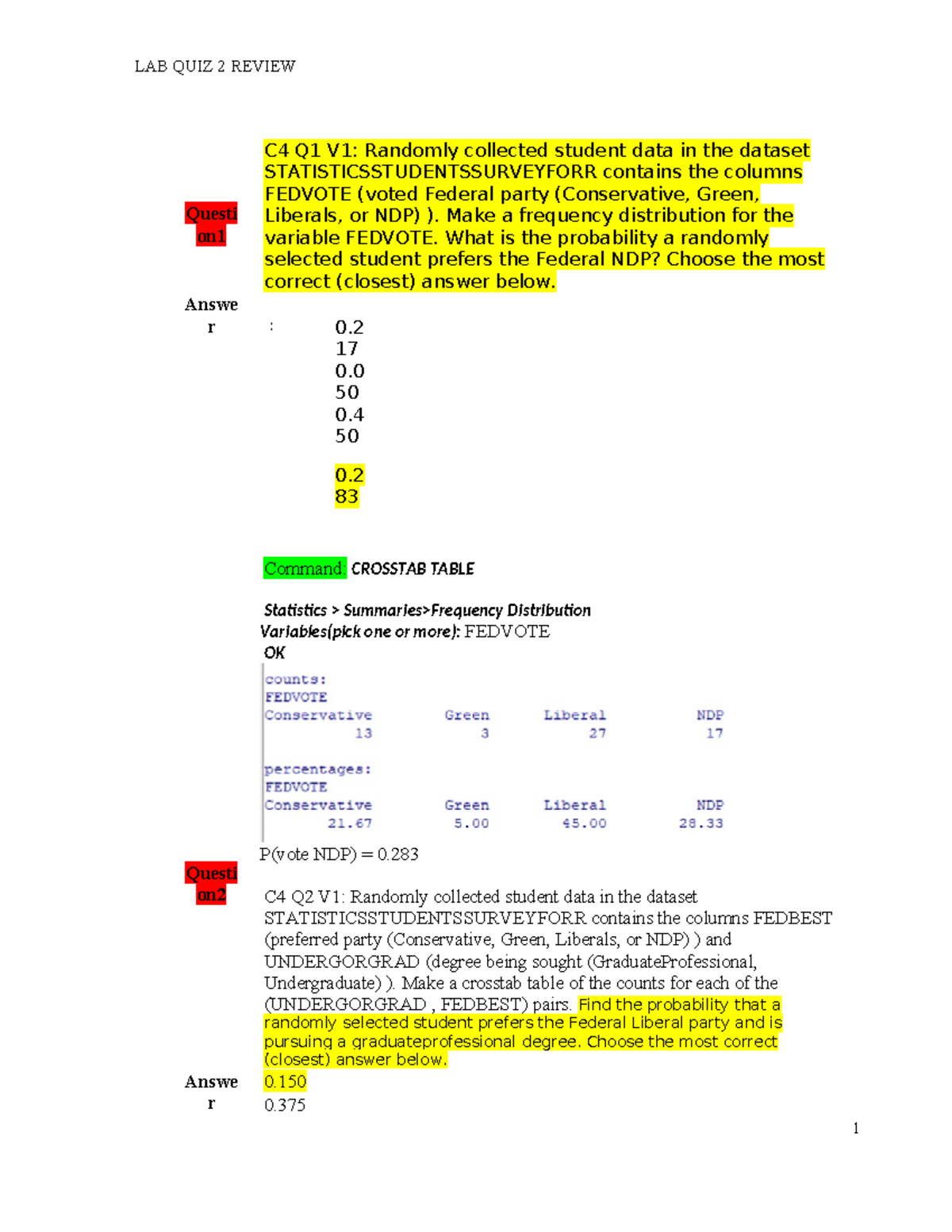 STAT 151 Final LAB Quiz 2: Statistics Students Survey Analysis - Studocu