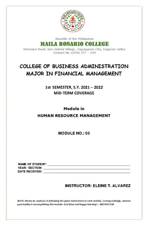 HRM module-1 - Module 1 - COLLEGE OF BUSINESS ADMINISTRATION MAJOR IN ...