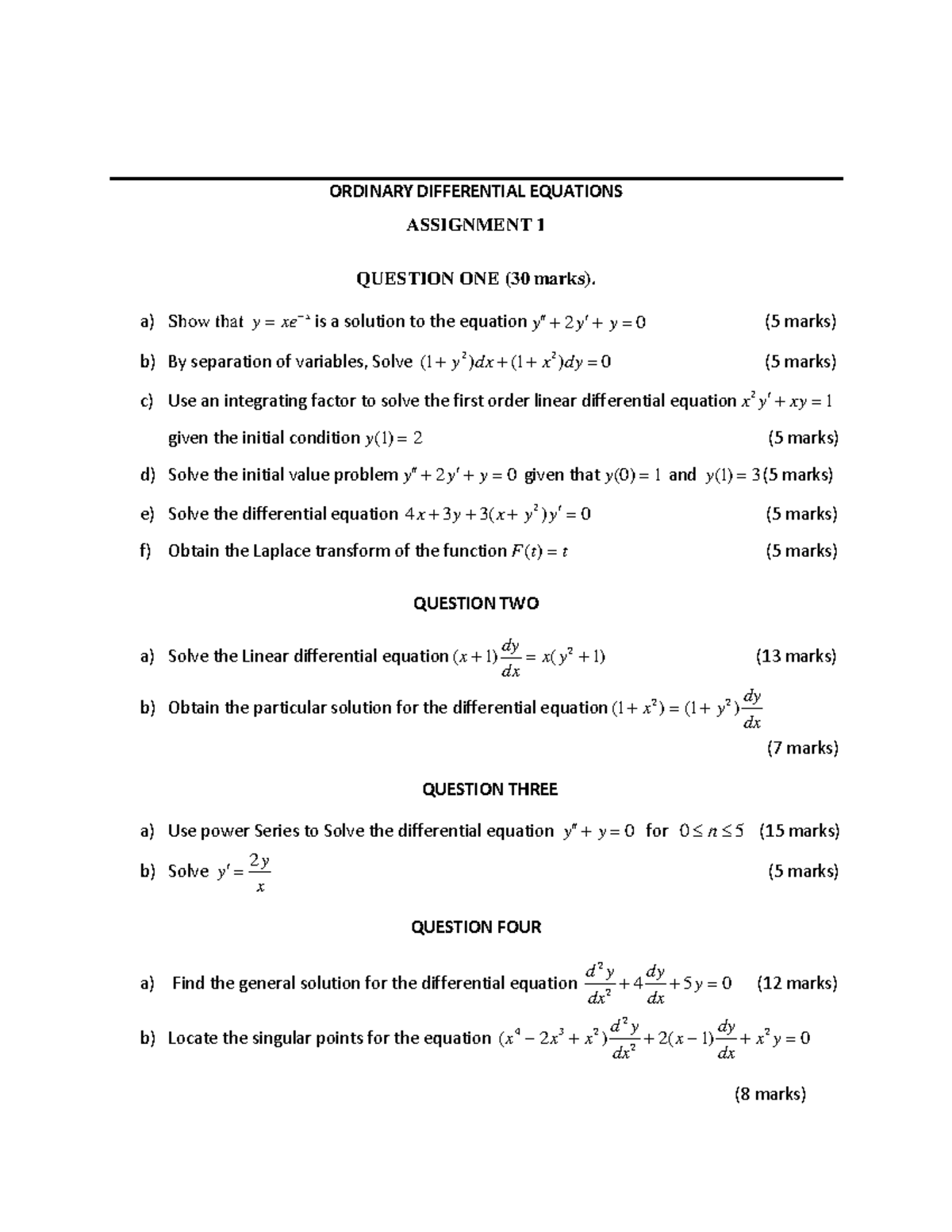 Ordinary Differential Equations (ODE) Assignment 1 Questions and ...