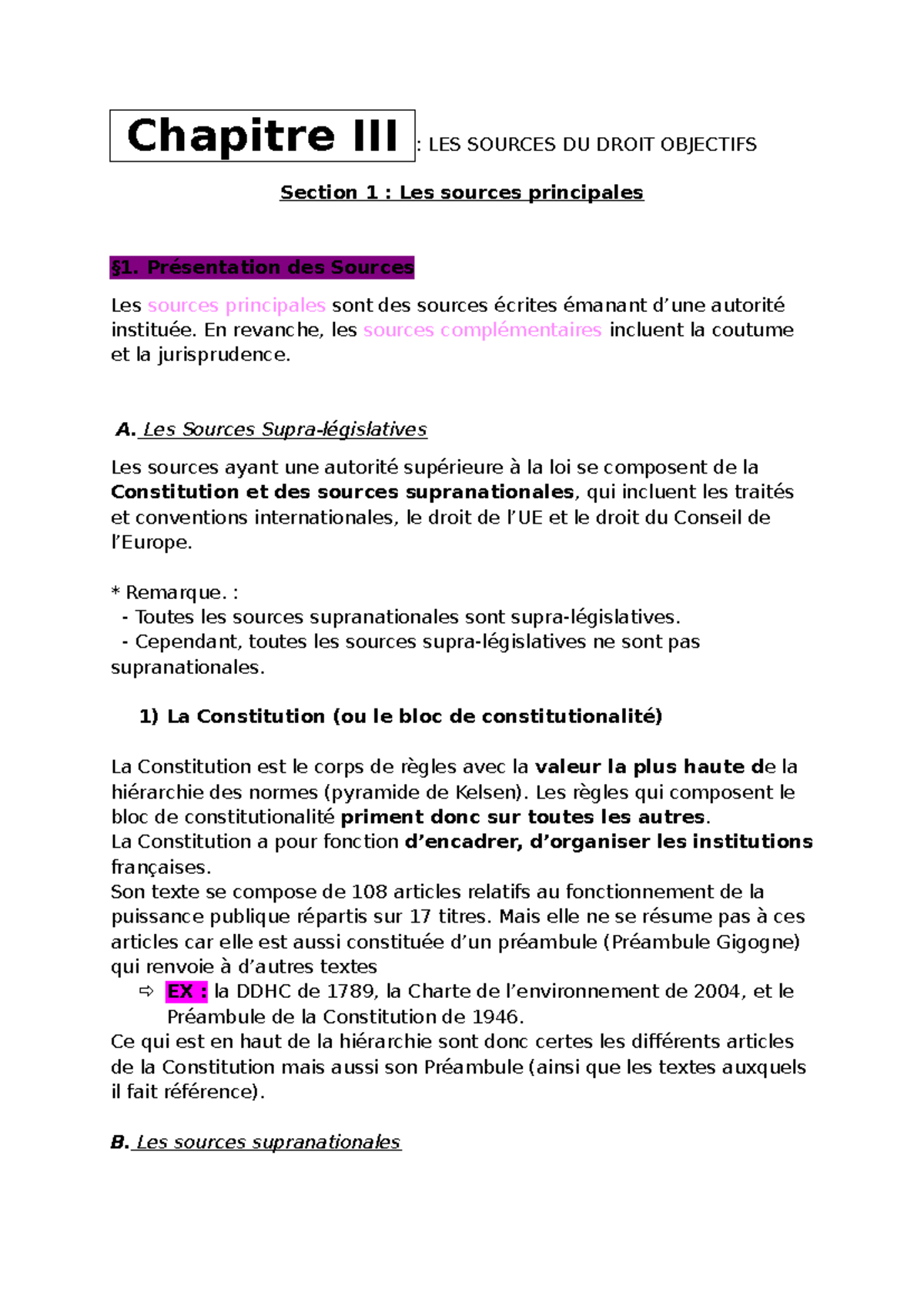 Chapitre : Les Sources du Droit Objectif - Droit 101 - Studocu