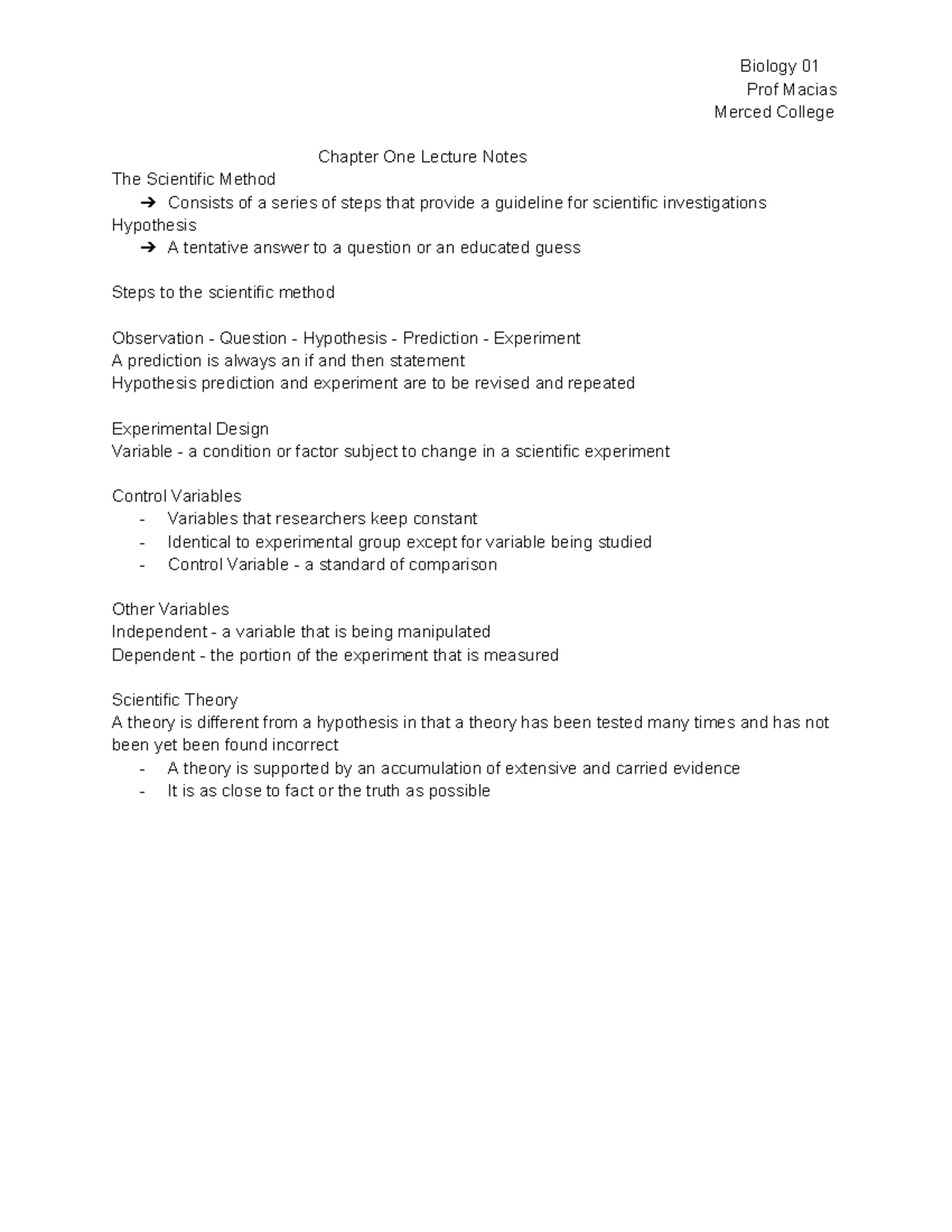 BIO 01: Chapter 1 Lecture Notes on the Scientific Method - Studocu