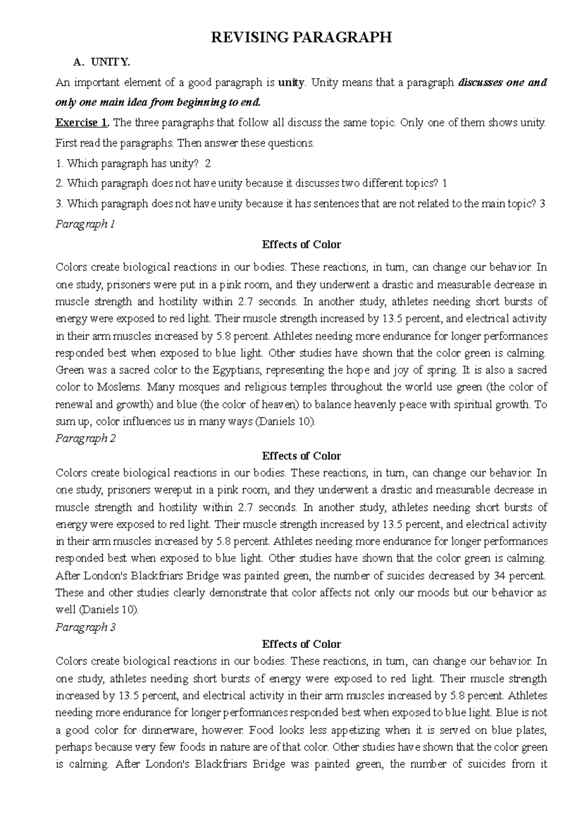 Revising Paragraphs: Unity & Coherence Strategies - Studocu