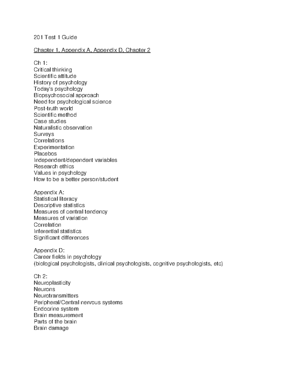 Psychology 201 Test 1 Study Guide: Key Concepts & Topics - Studocu