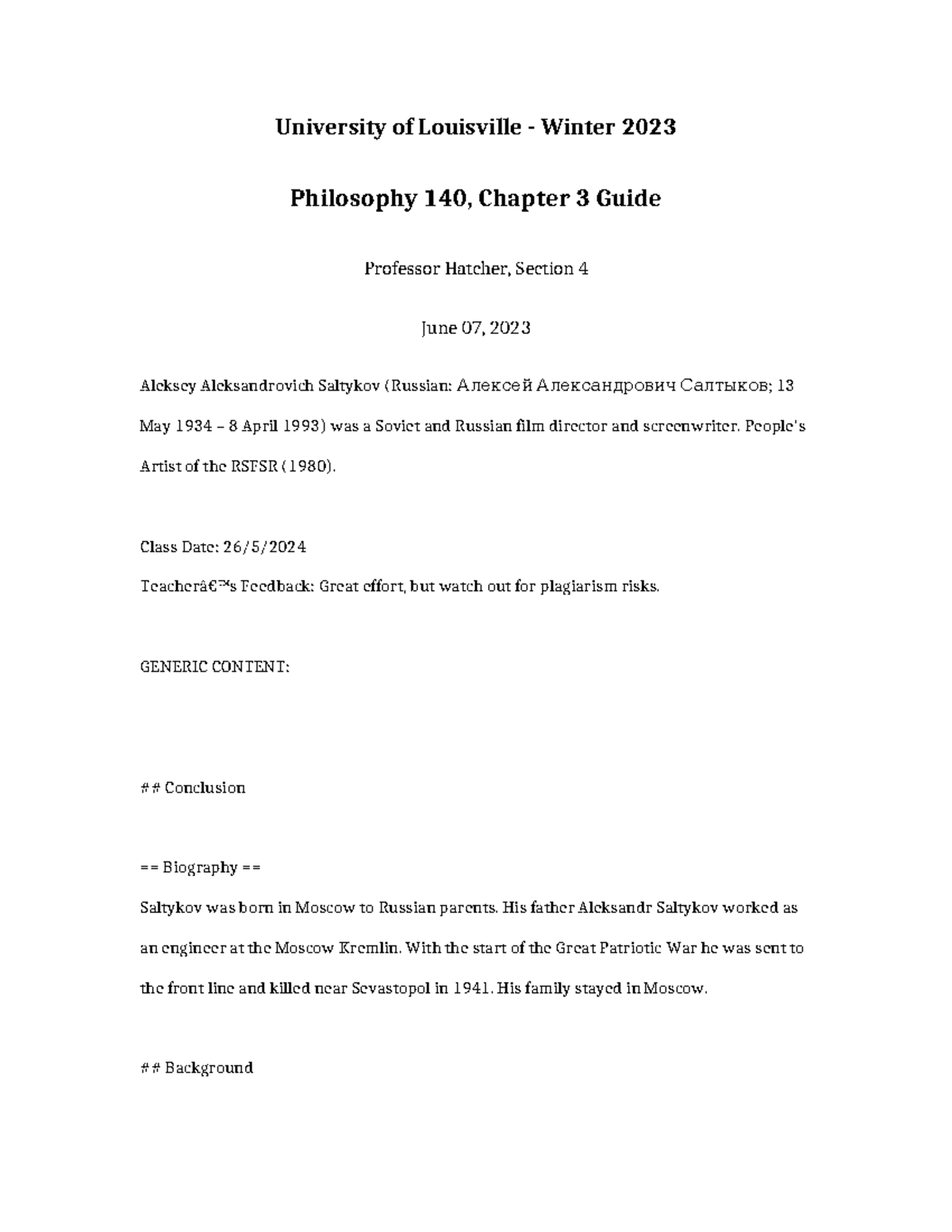 Philosophy 140 Chapter 3 Guide - University of Louisville - Winter 2023 ...