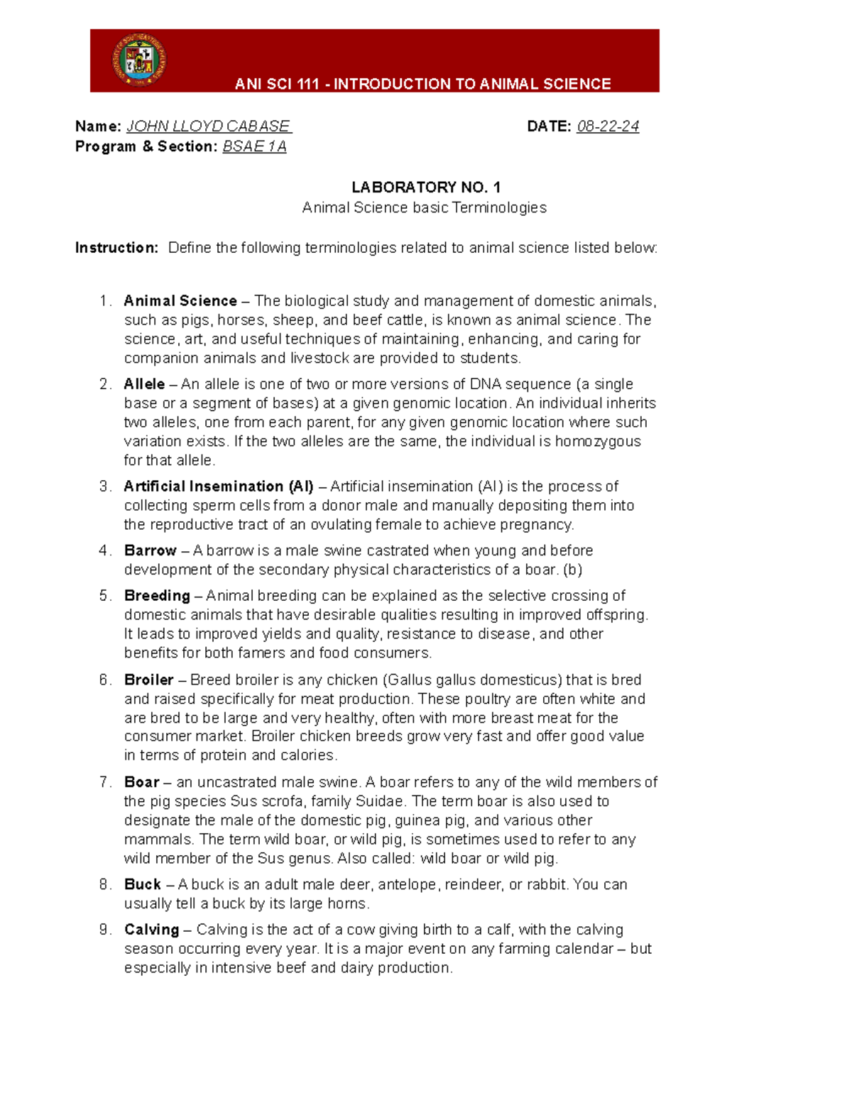 ANI SCI 111 - Laboratory 1: Definitions in Animal Science - Studocu