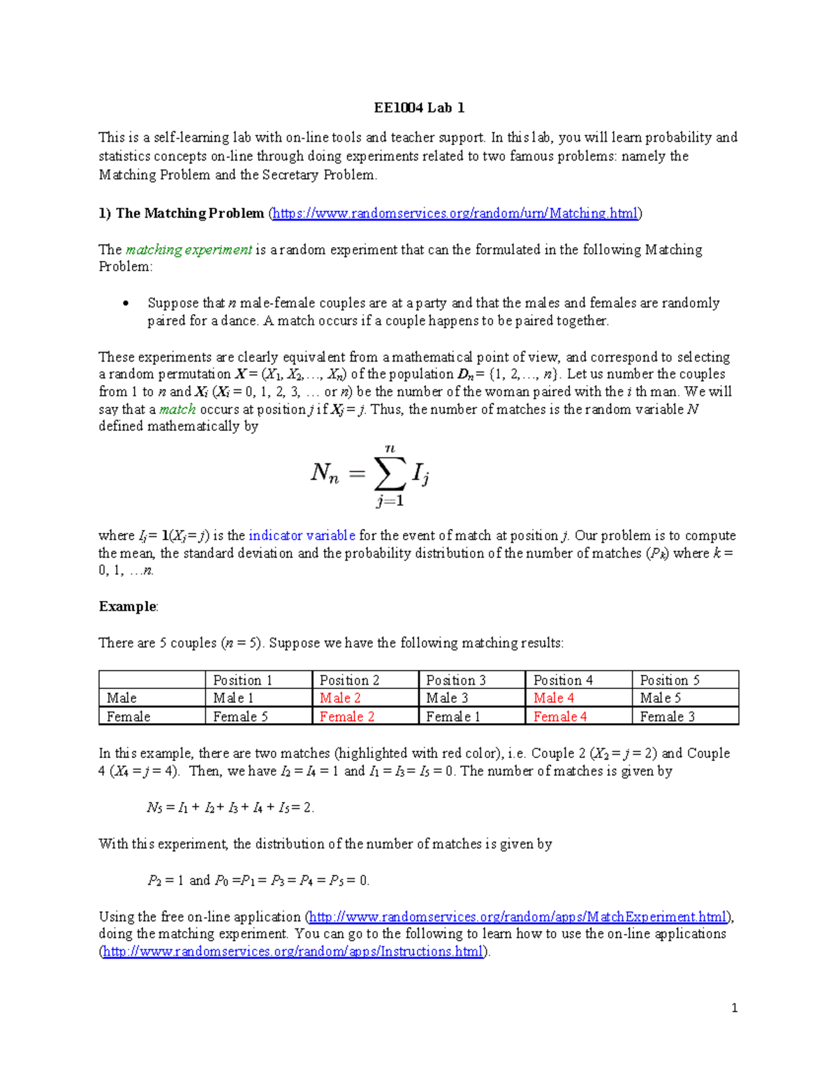 EE1004 Lab 1 - Exploring Probability: Matching & Secretary Problems ...