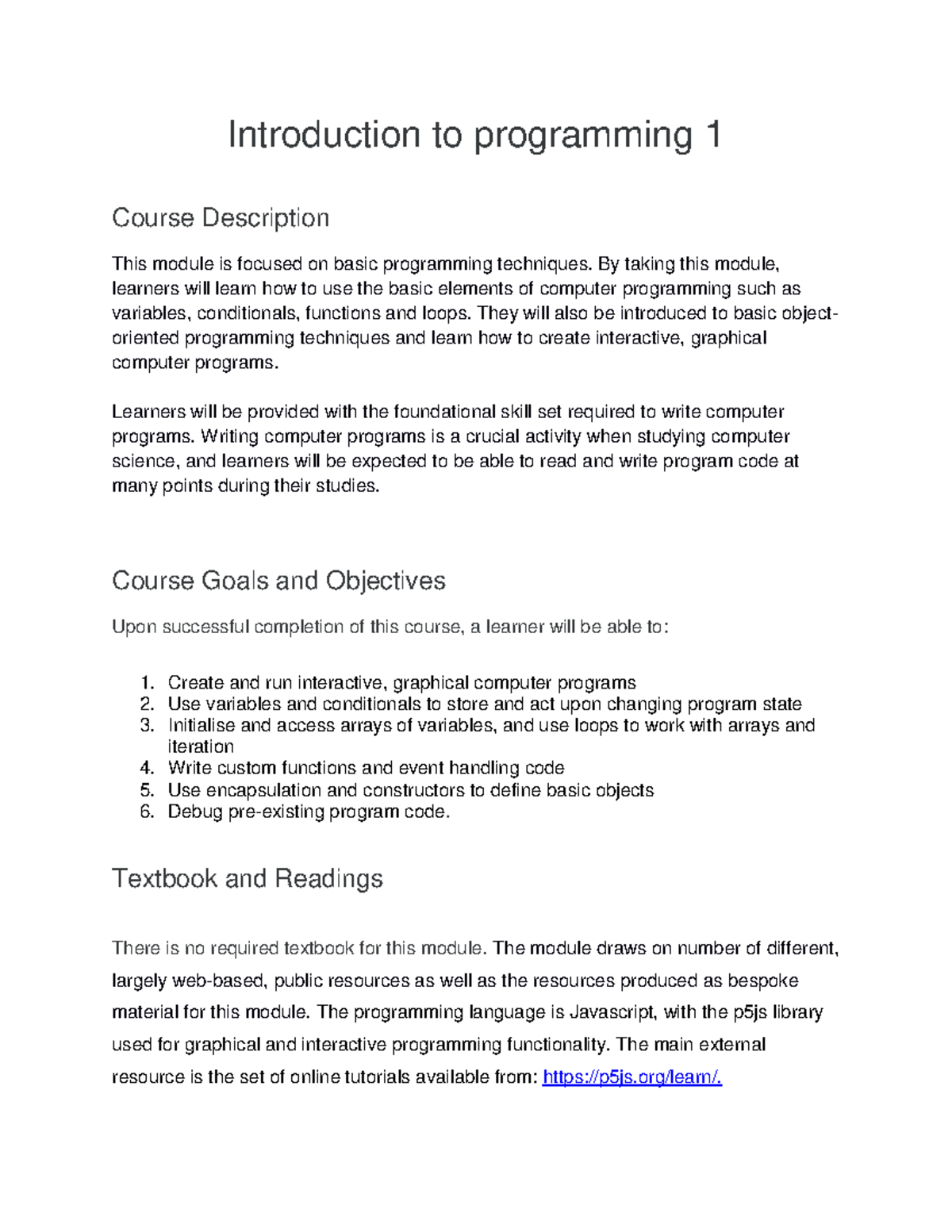 CM1005 - Syllabus for Intro to Programming 1 Course - Studocu