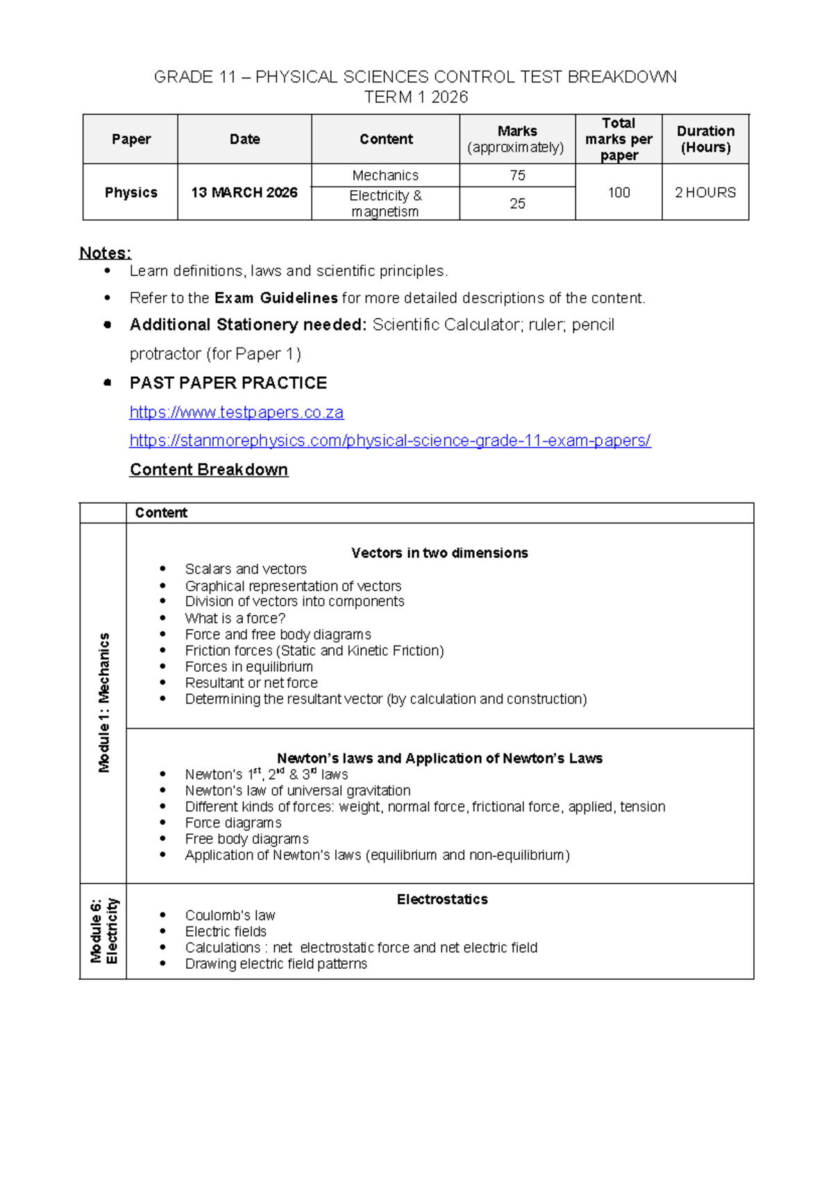GRADE 11 PHYSICAL SCIENCES CONTROL TEST SCOPE TERM 1 2026 - Studocu