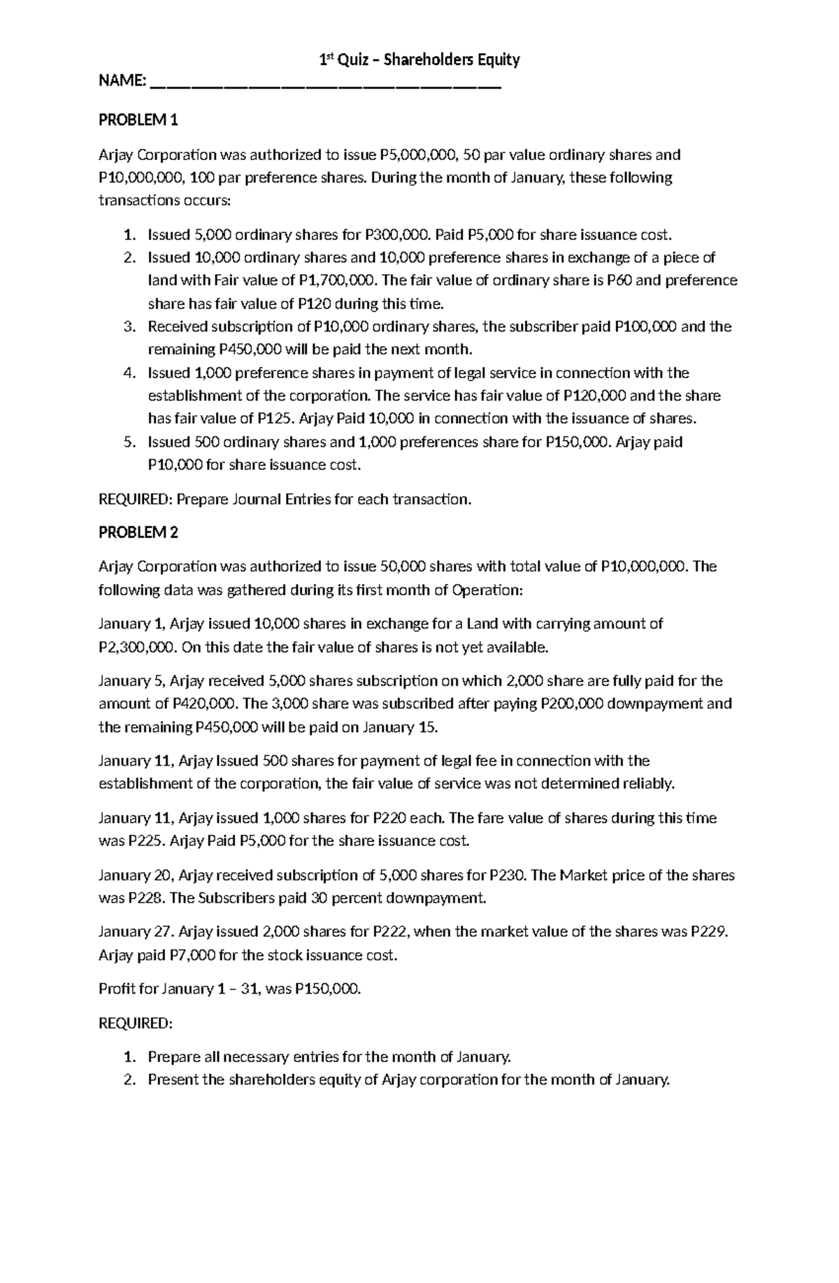 1st Quiz: Shareholders Equity Problems for Course Code: EQT101 - Studocu