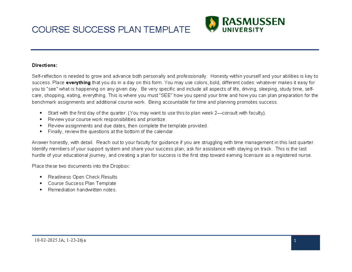NURS 101: Week 1 Course Success Plan Template for RN Students - Studocu