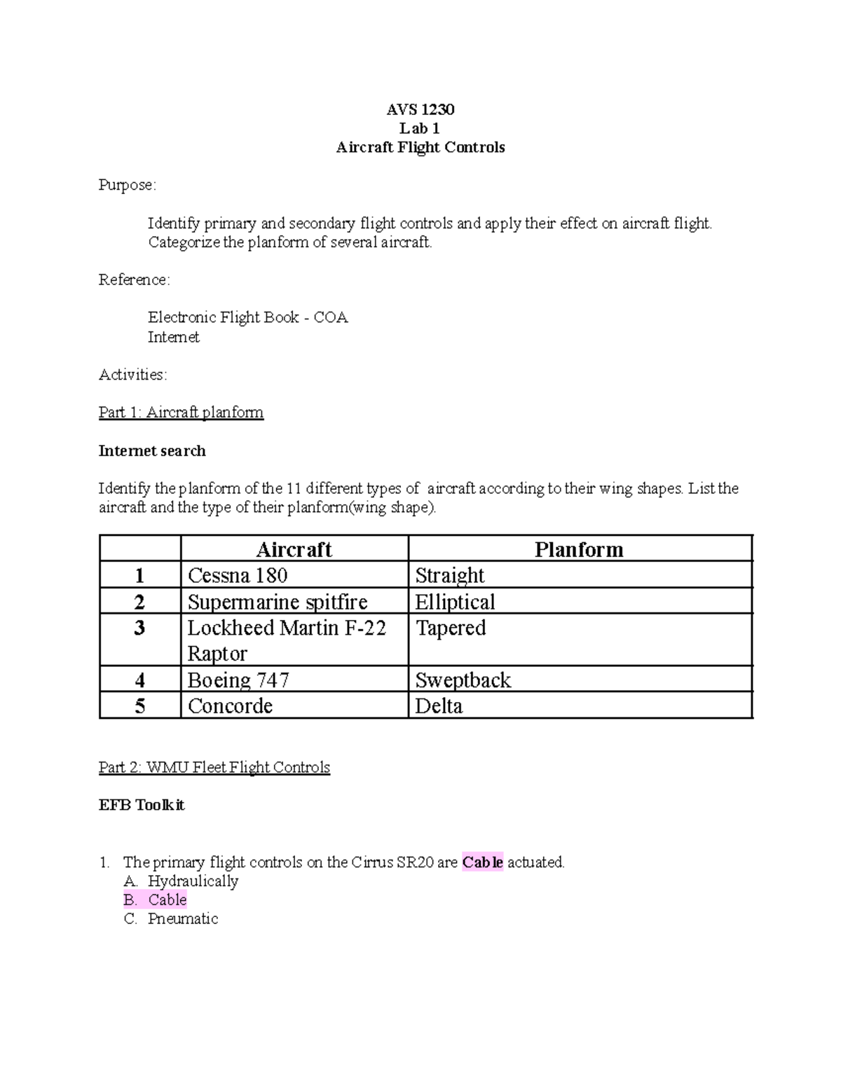 AVS 1230 Lab 1 Study Notes on Aircraft Flight Controls - Studocu