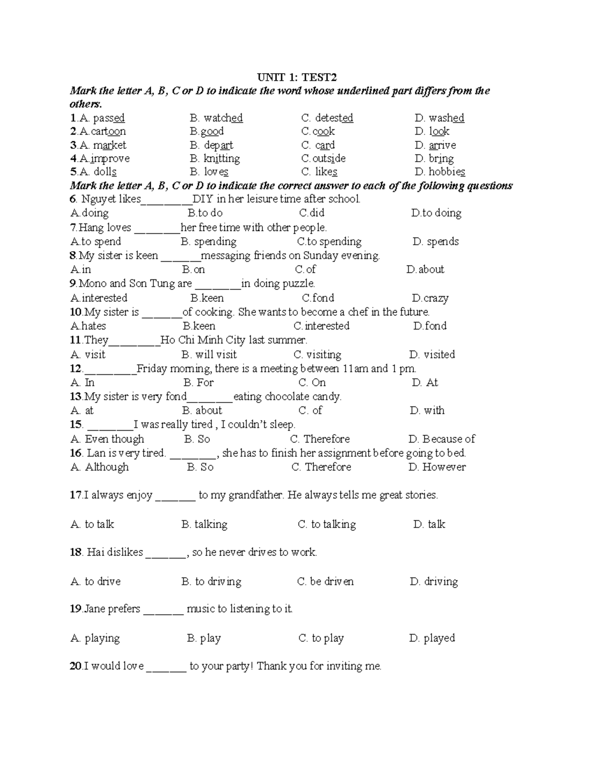 Unit 1: Test 2 - Vocabulary and Grammar Exercises - Studocu