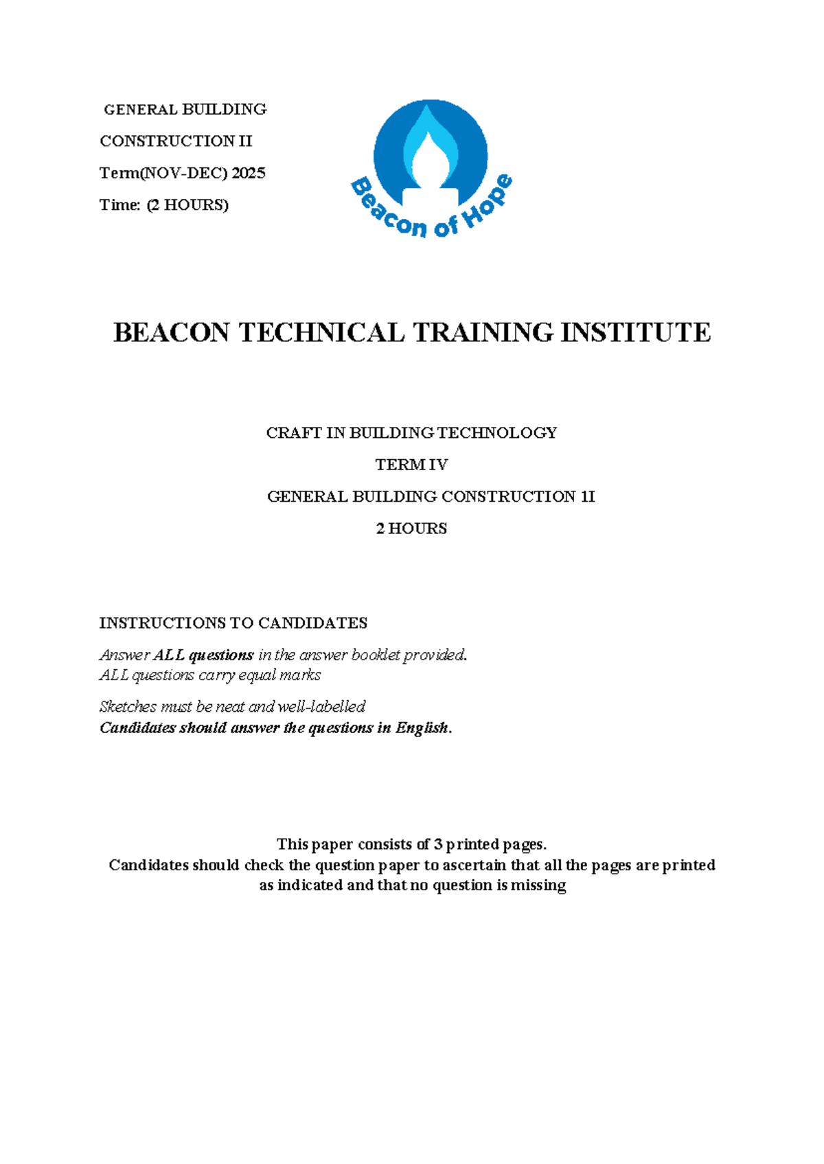 GENERAL BUILDING CONSTRUCTION II - REVISION NOTES 2025 - Studocu