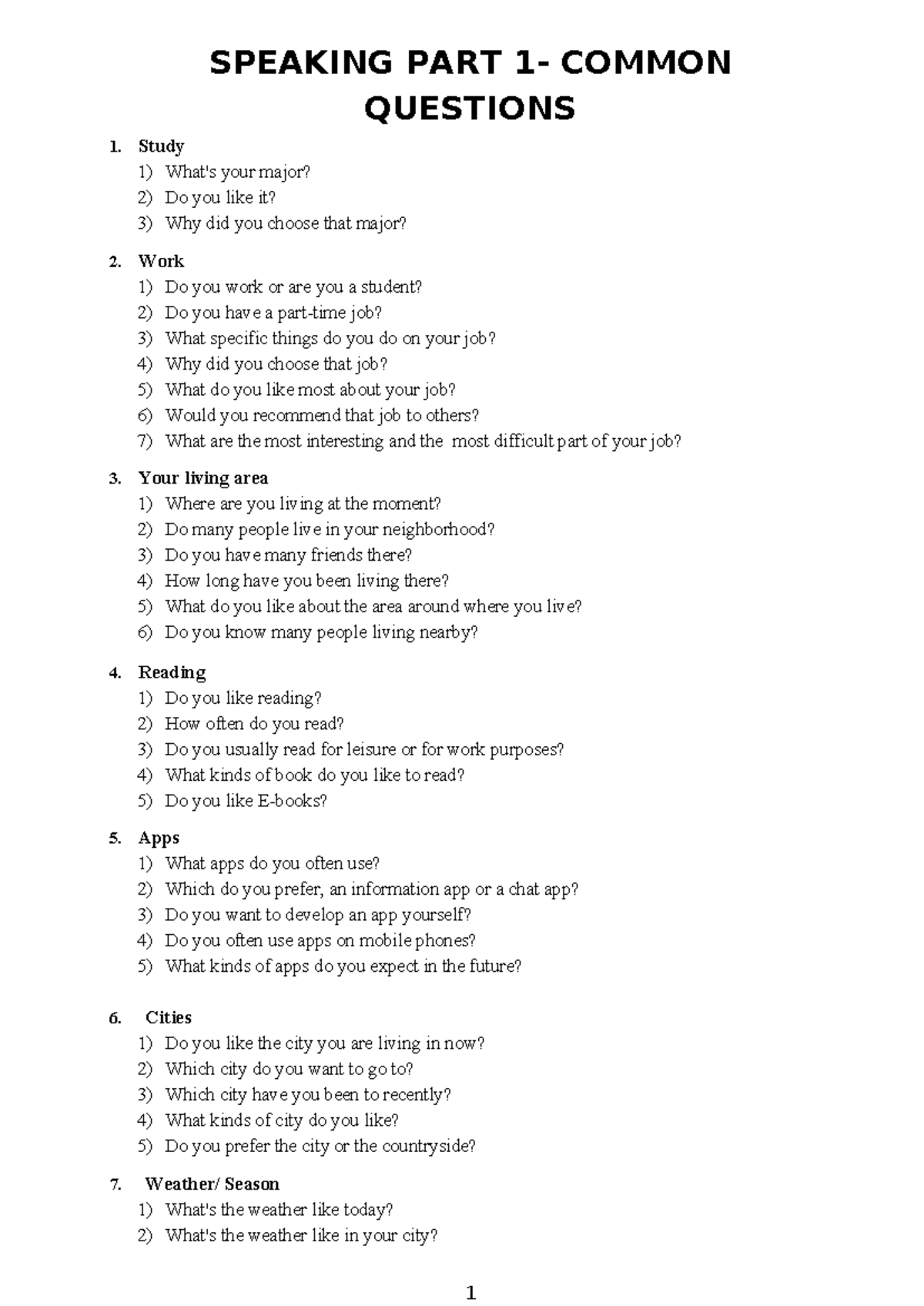 SPEAKING PART 1: COMMON QUESTIONS & ANSWERS - Studocu