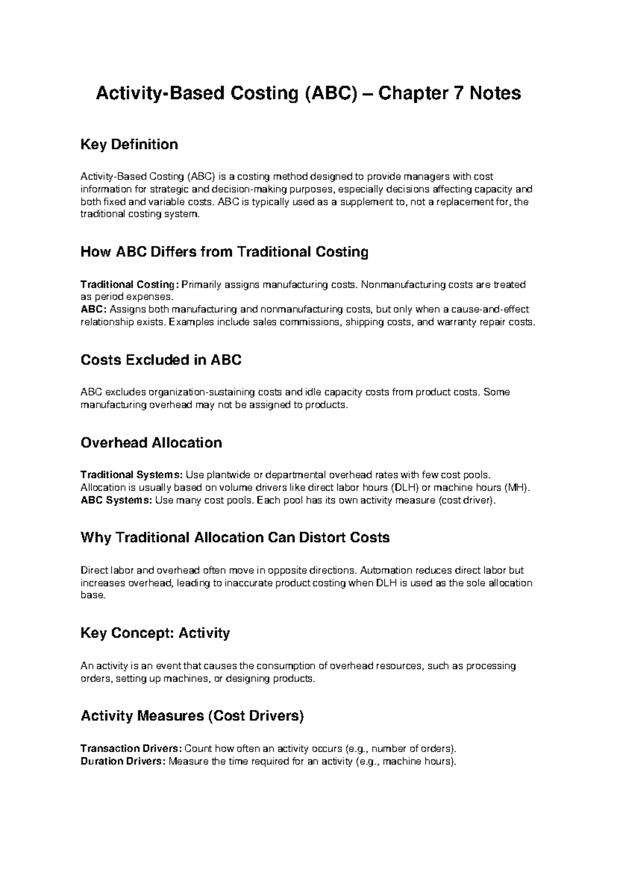 ABC Costing (Chapter 7) Notes: Key Definitions & Concepts - Studocu
