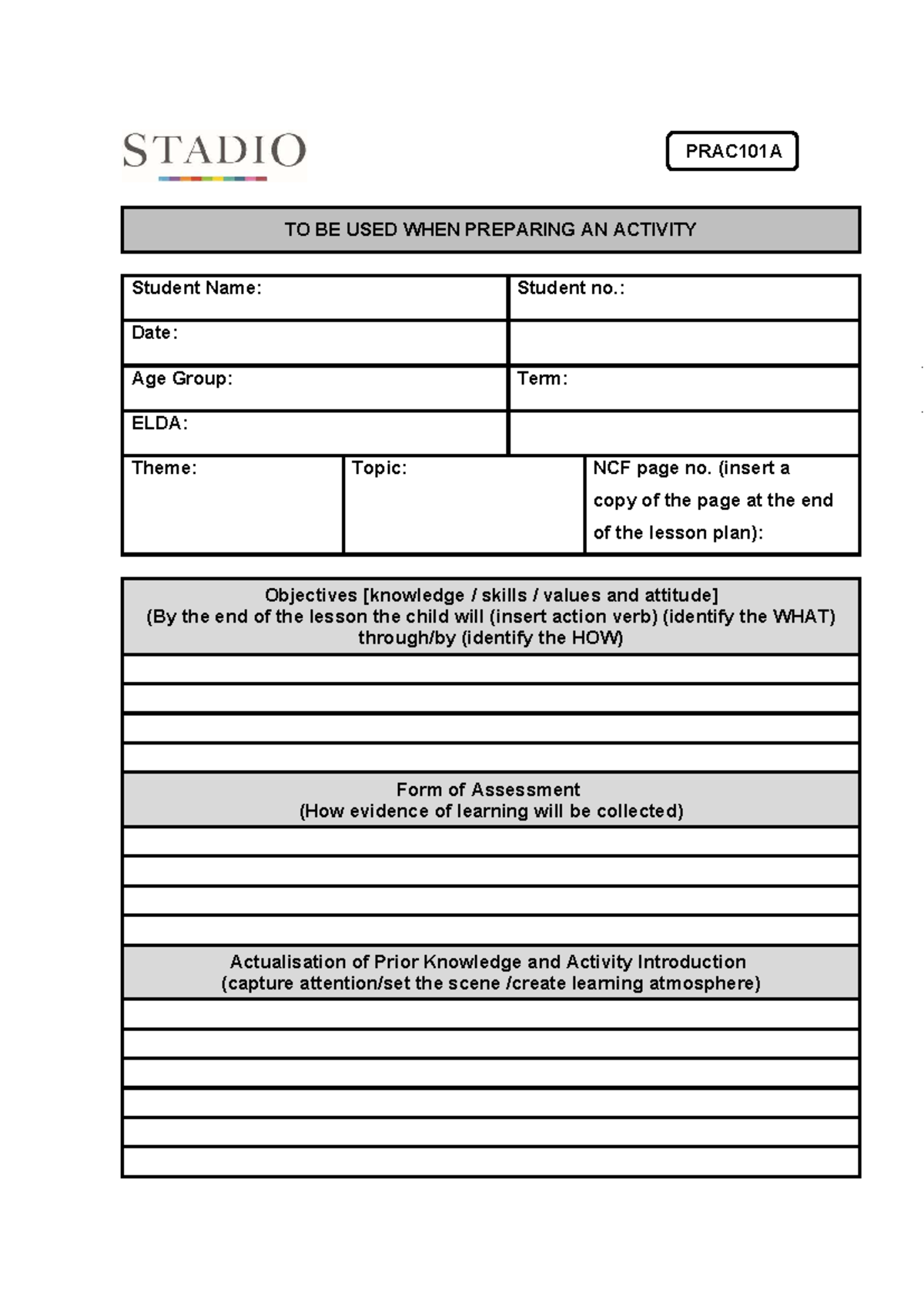 PRAC101A Lesson Plan Template for Activity Preparation - Studocu