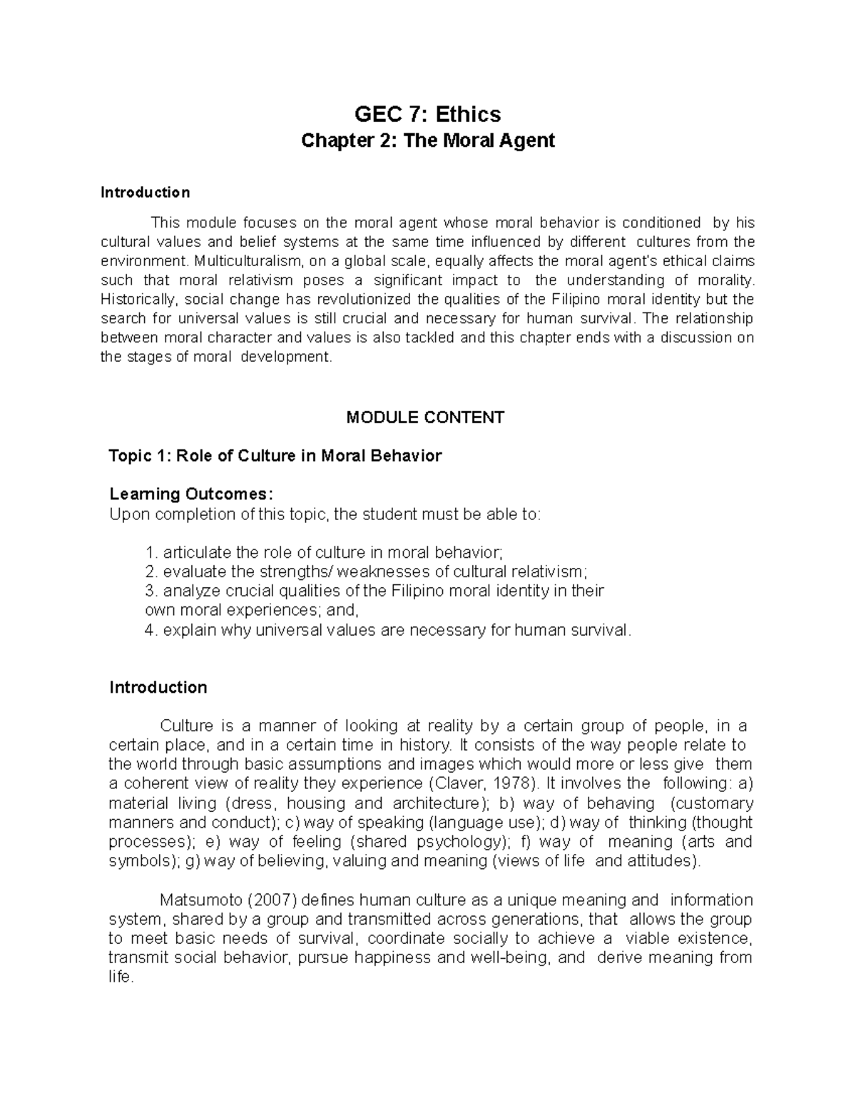 Ethics GEC 7 Module 2: The Role of Culture in Moral Behavior - Studocu