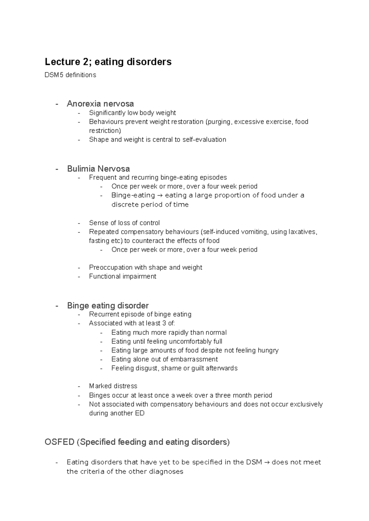 Lecture 2: Overview of Eating Disorders and Their Treatments - Studocu