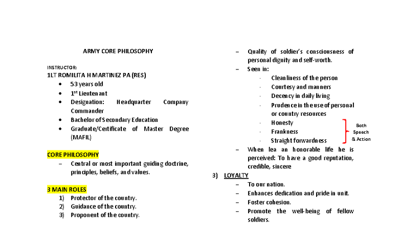 ARMY CORE PHILOSOPHY AND SURVIVAL SKILLS INSTRUCTOR NOTES ROTC 1ST SEM ...