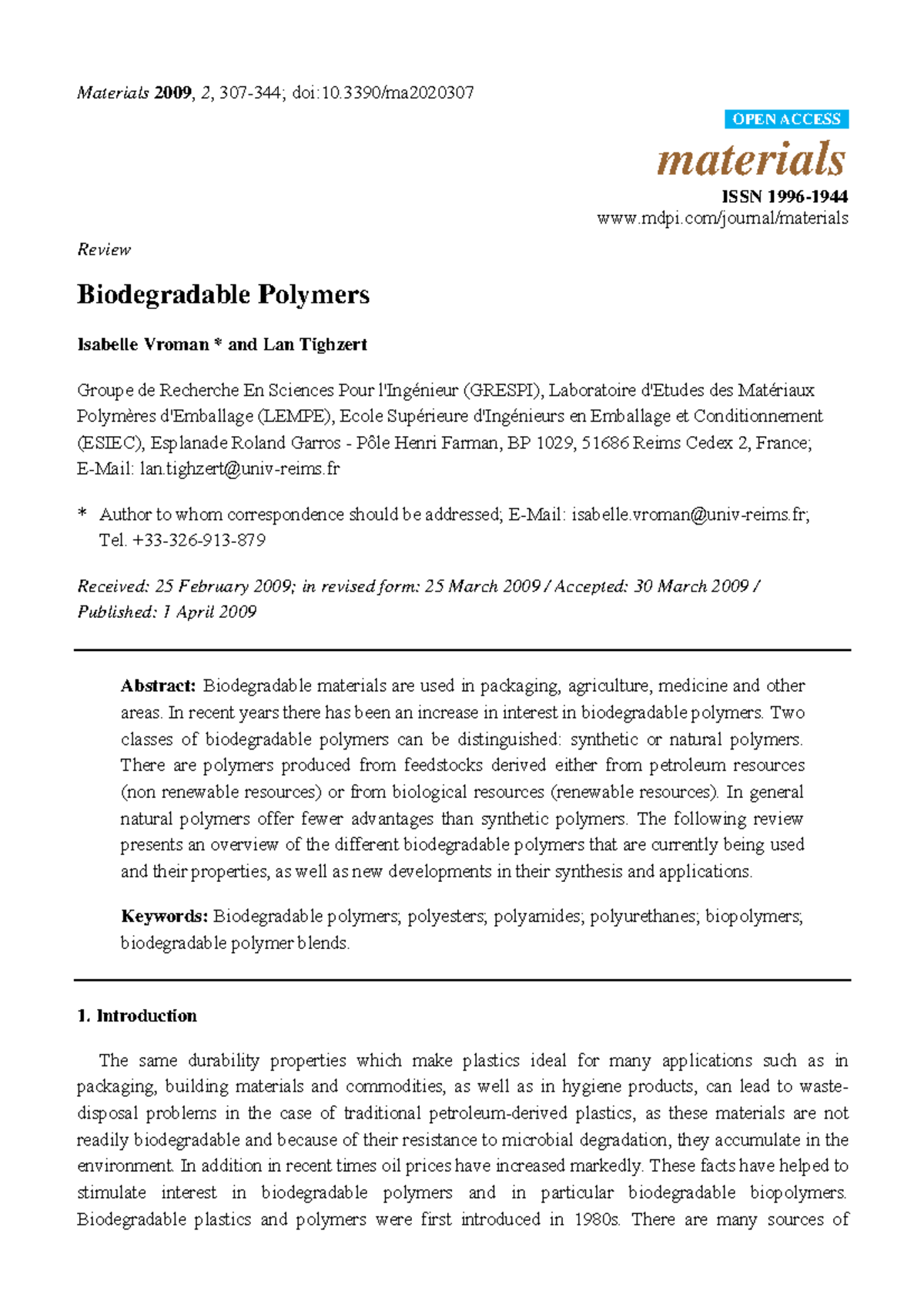 Review of Biodegradable Polymers: Materials 2009, 2, OPEN ACCESS - Studocu