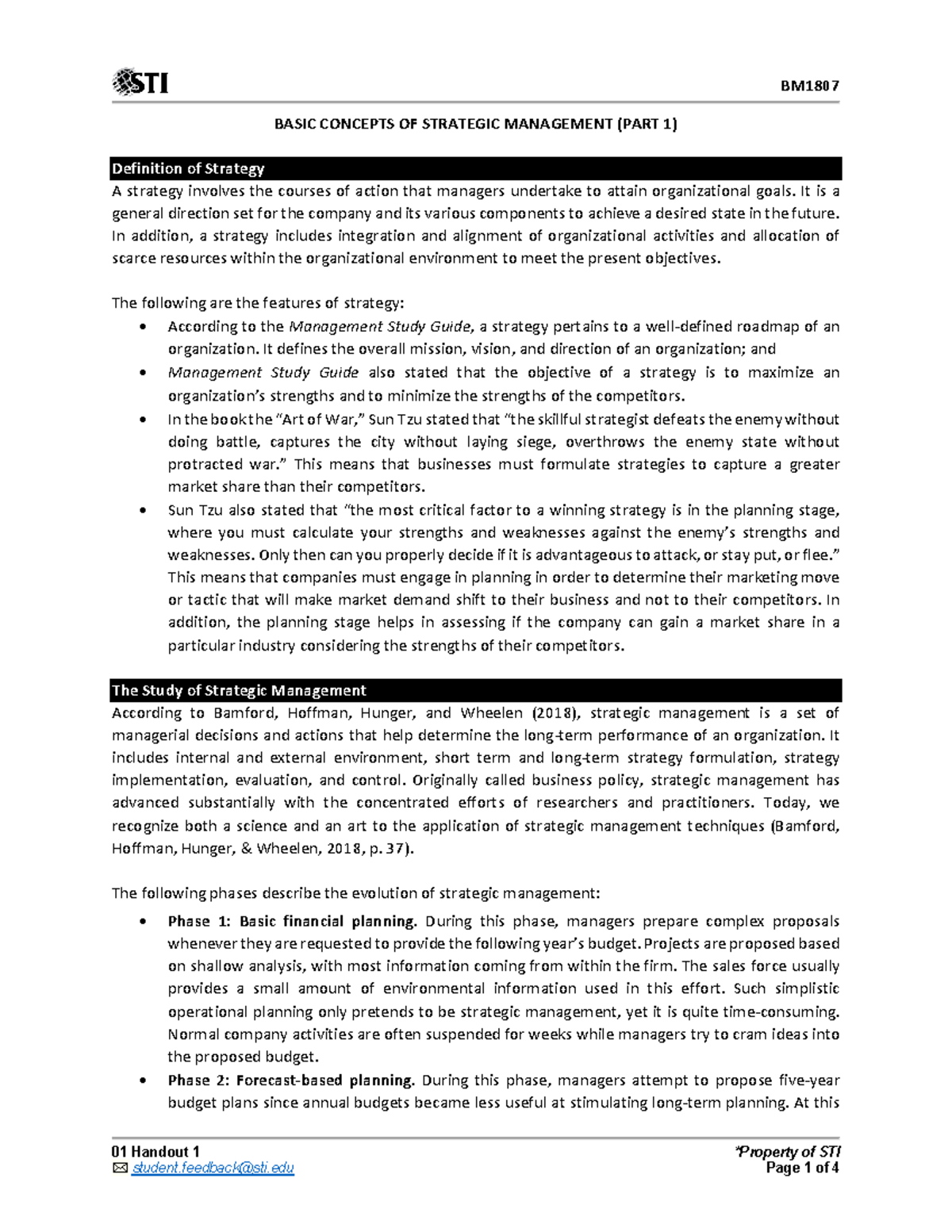 Strategic Management Concepts - Handout 1 (STI 01) - Studocu