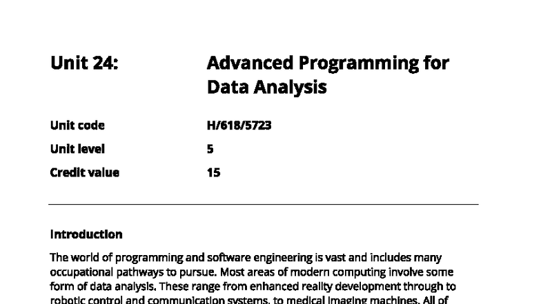 Unit 24: Advanced Programming for Data Analysis - Unit Level 5 - Studocu