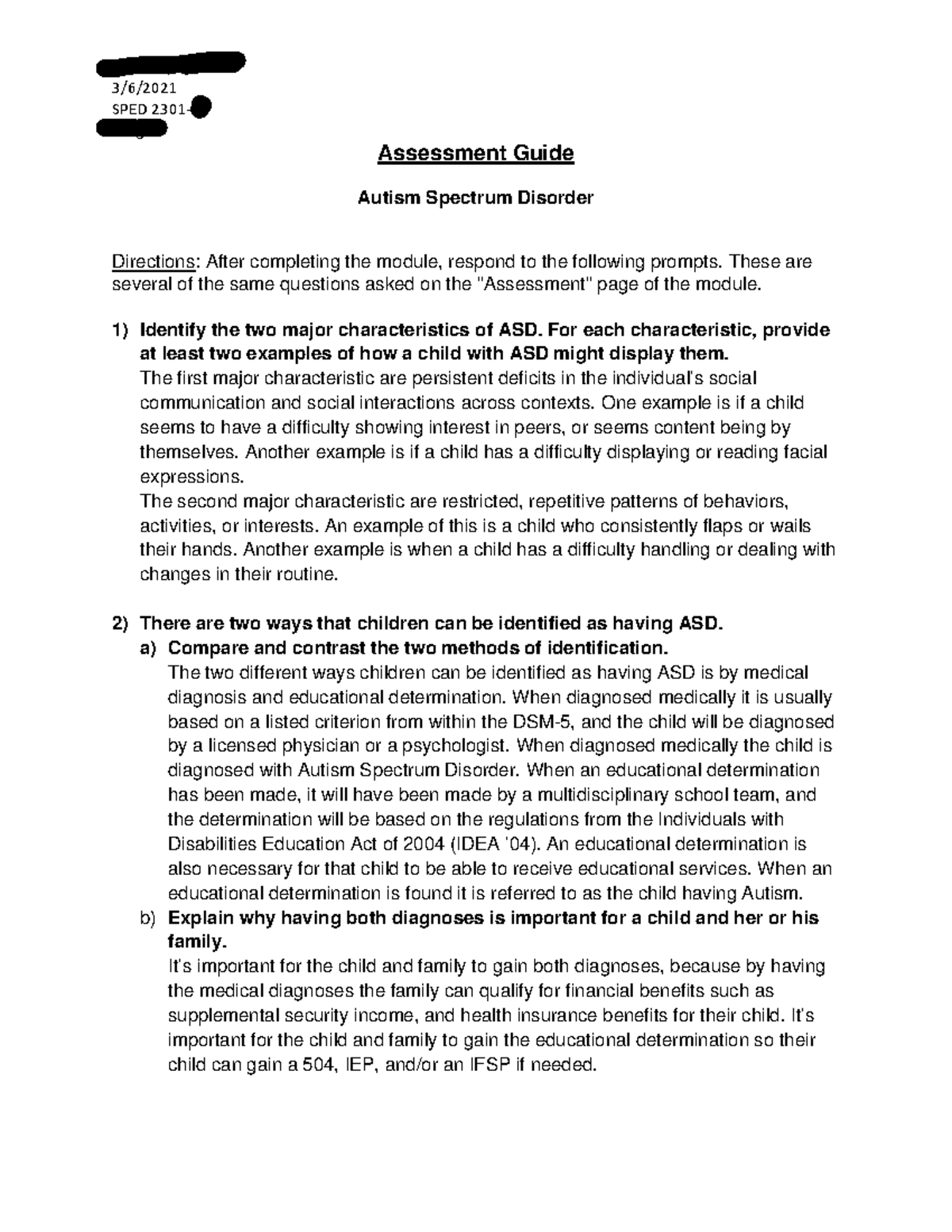 SPED 2301-05 Module 4 Assessment Guide: Autism Spectrum Disorder - Studocu