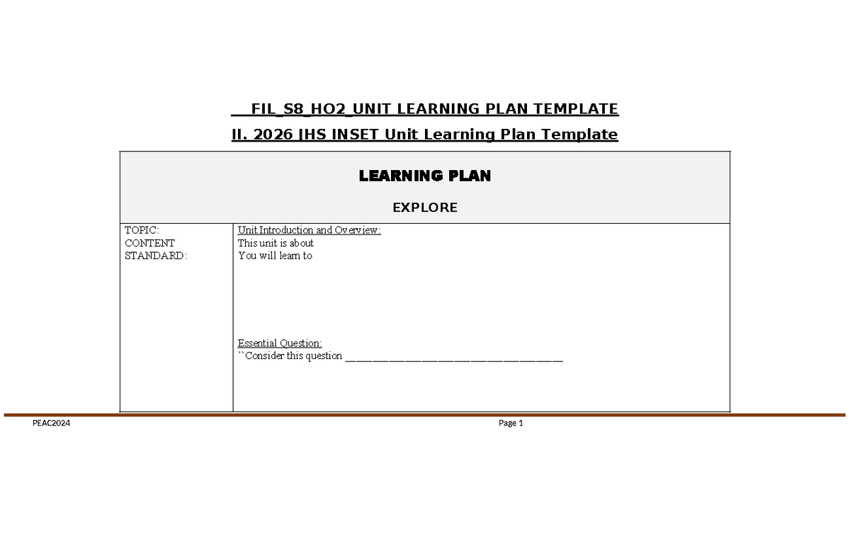 FIL_S8_HO2_UNIT LEARNING PLAN TEMPLATE II - PEAC2024 - Studocu