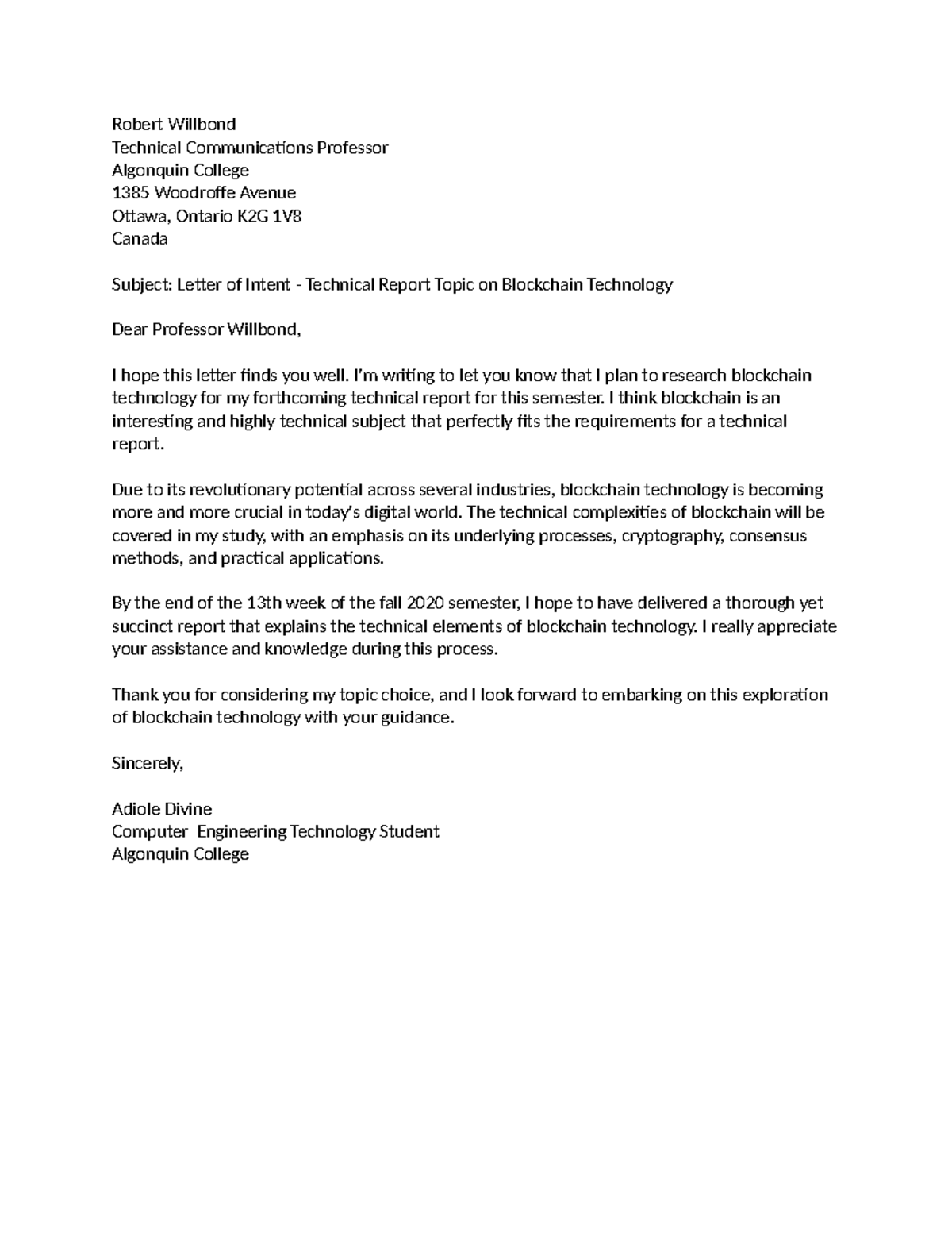 Letter of Intent - Technical Report on Blockchain Tech (CET 2020) - Studocu