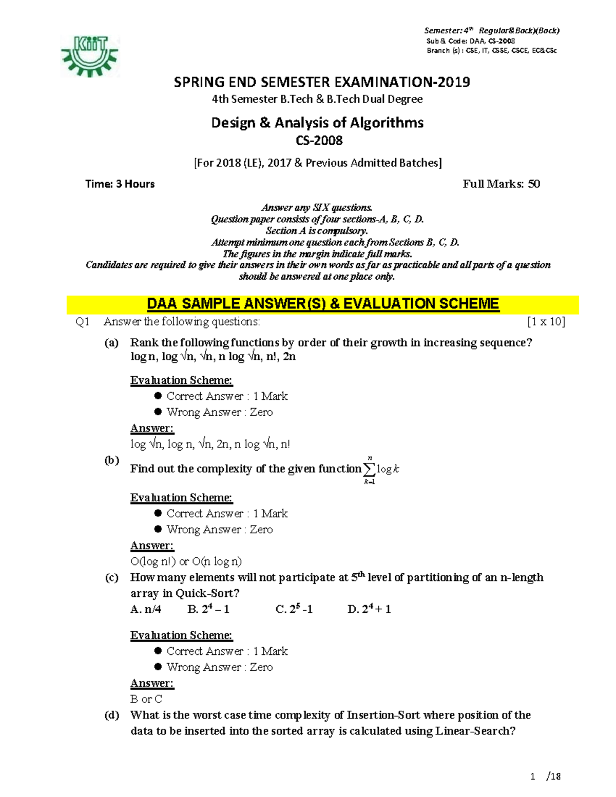 2019 DAA END SEMESTER SOLUTIONS - B.Tech 4th Sem - Studocu