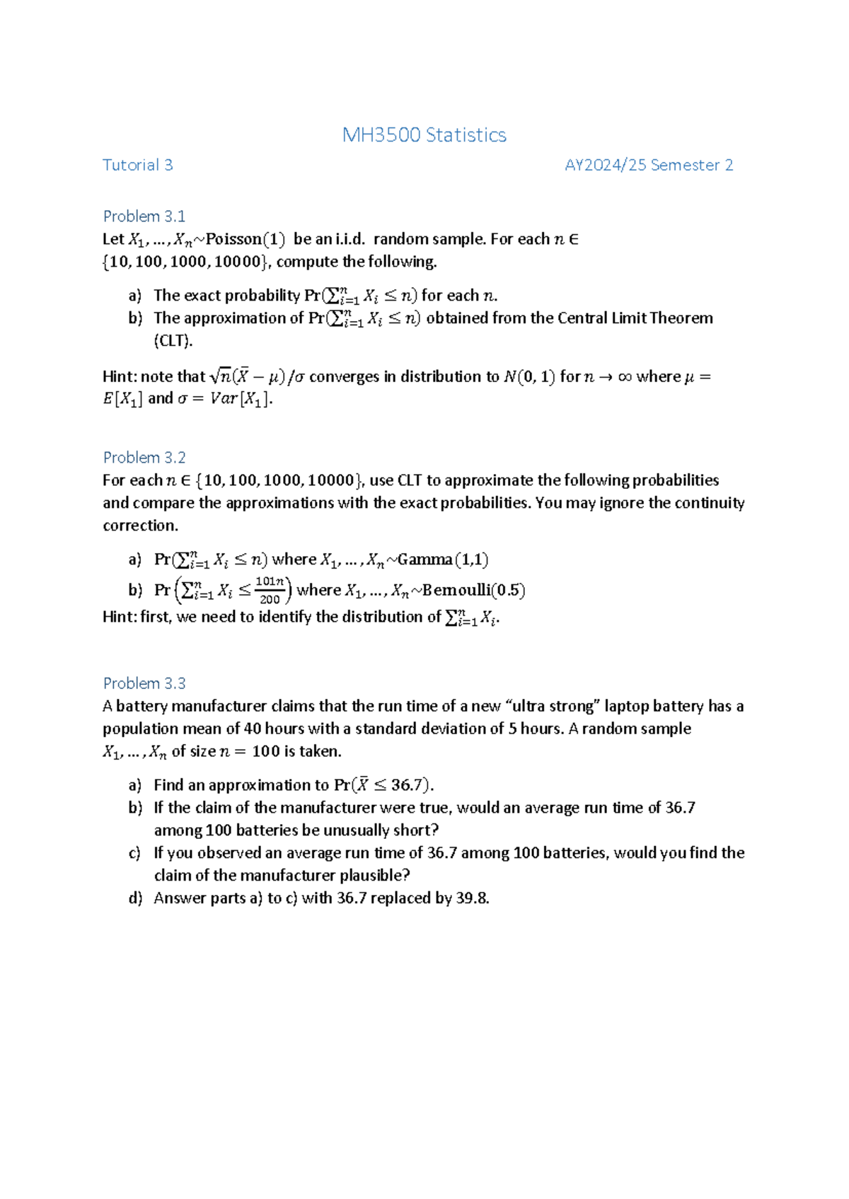 MH3500 Tutorial 03 - tut question week 3 - MH3500 Statistics Tutorial 3 ...