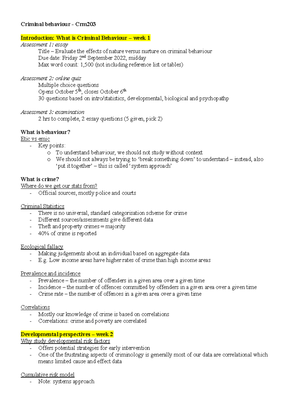 CRM203 Week 1-9 Notes: Exploring Criminal Behaviour and Theories - Studocu
