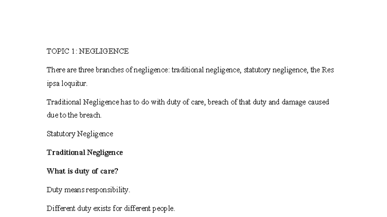 LAW OF TORT: NEGLIGENCE Overview and Key Concepts - Studocu