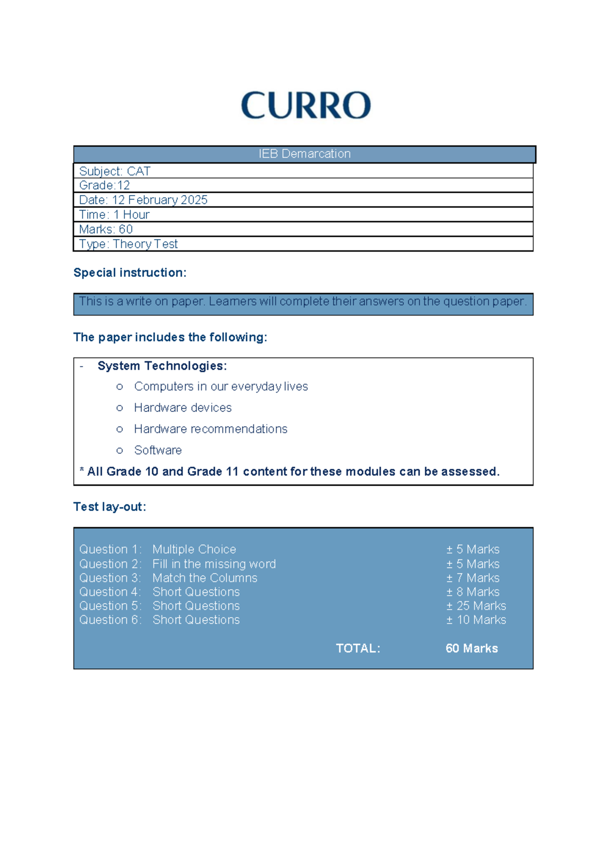 12 CAT IEB T1 Theory Test 2025: System Technologies Exam - Studocu