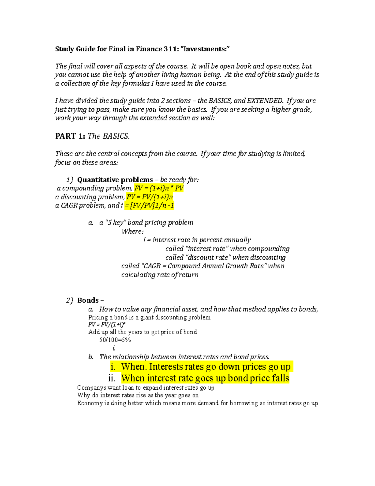 FIN 311 S 2021 Final Study Guide: Key Concepts in Investments - Studocu