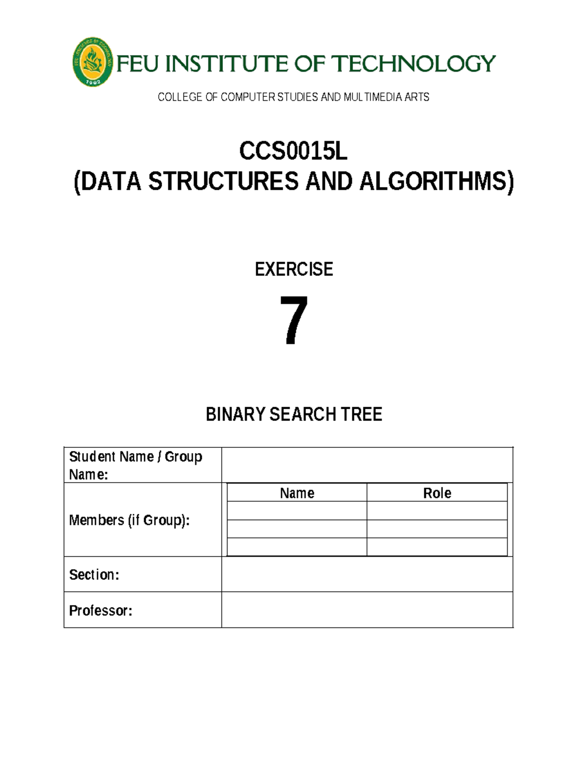 CCS0015L Data Structures & Algorithms: Exercise 7 - Binary Search Tree ...