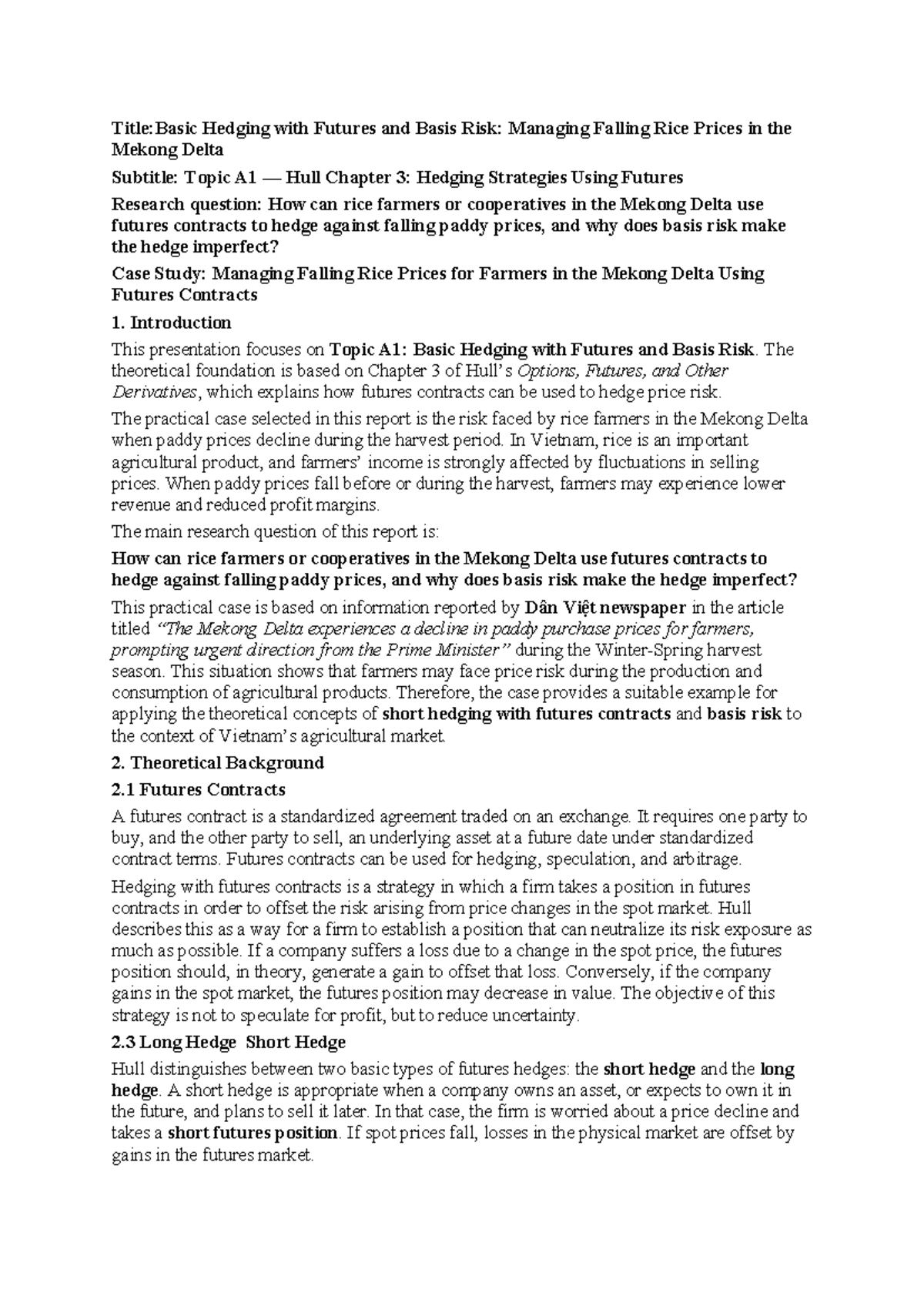 CFA3: Case Study on Hedging Rice Prices in the Mekong Delta - Studocu