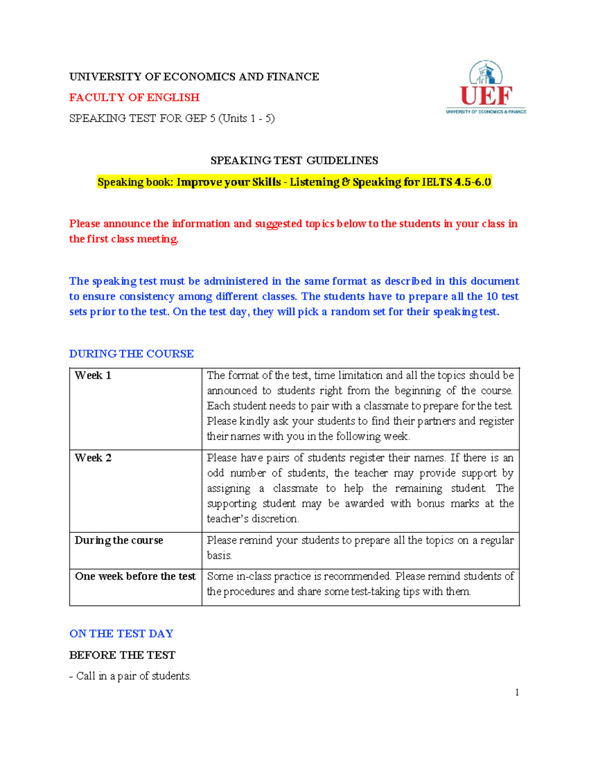 GEP 5 Speaking Test Guidelines: Improve IELTS Speaking Skills - Studocu