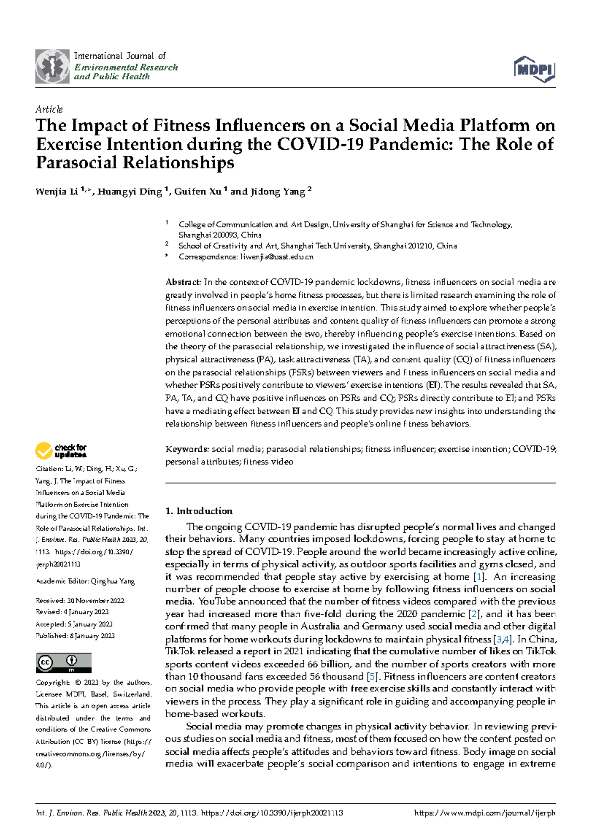 The Impact of Fitness Influencers on Exercise Intentions during the ...