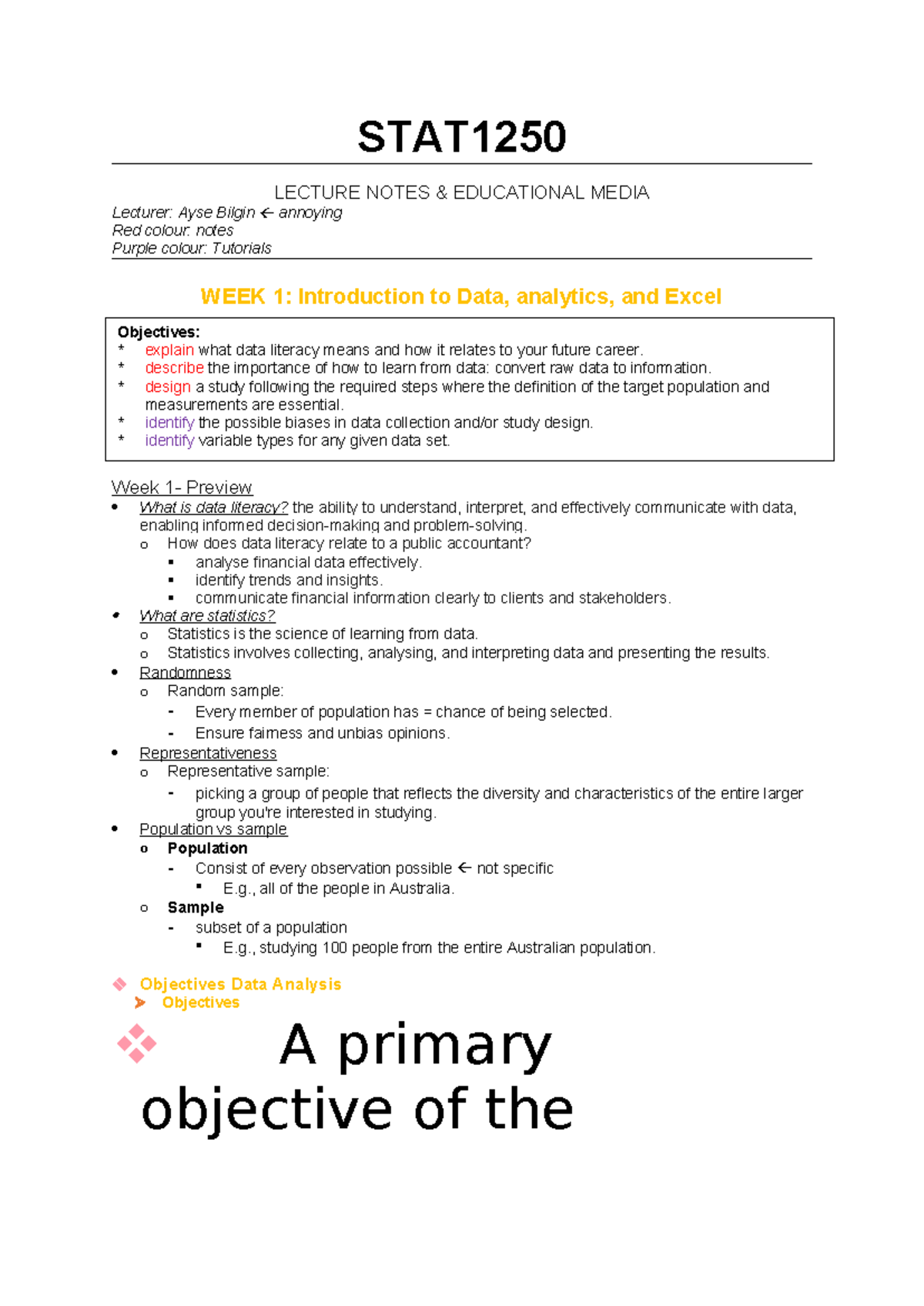 STAT1250 - Comprehensive Lecture Notes on Data Analysis - Studocu