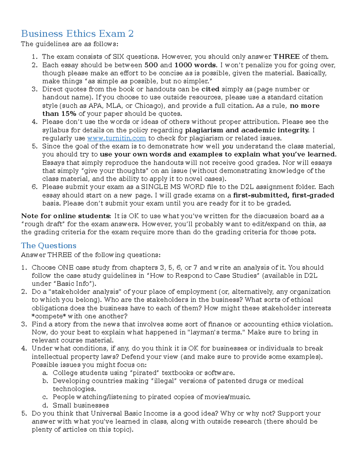 Business Ethics Exam 2 Guidelines and Essay Requirements - Studocu
