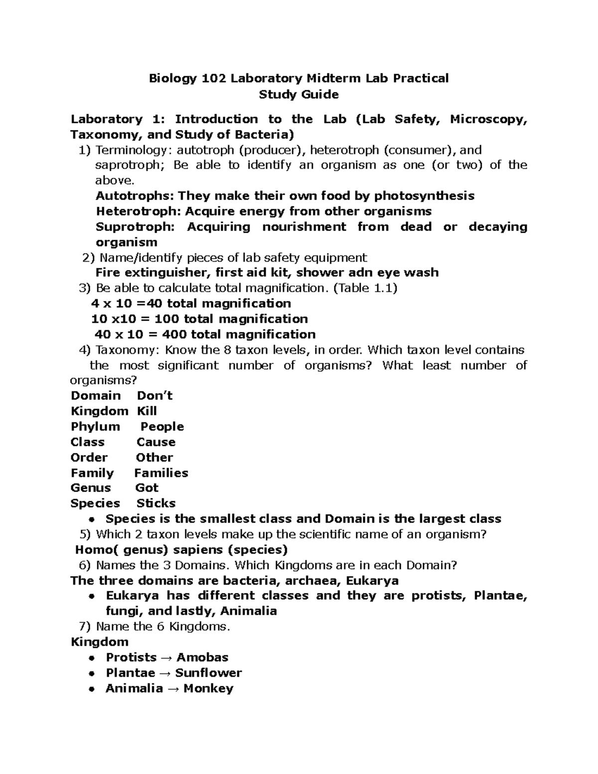 Biology 102 Laboratory Midterm Lab Practical Study Guide - Biology 102 ...