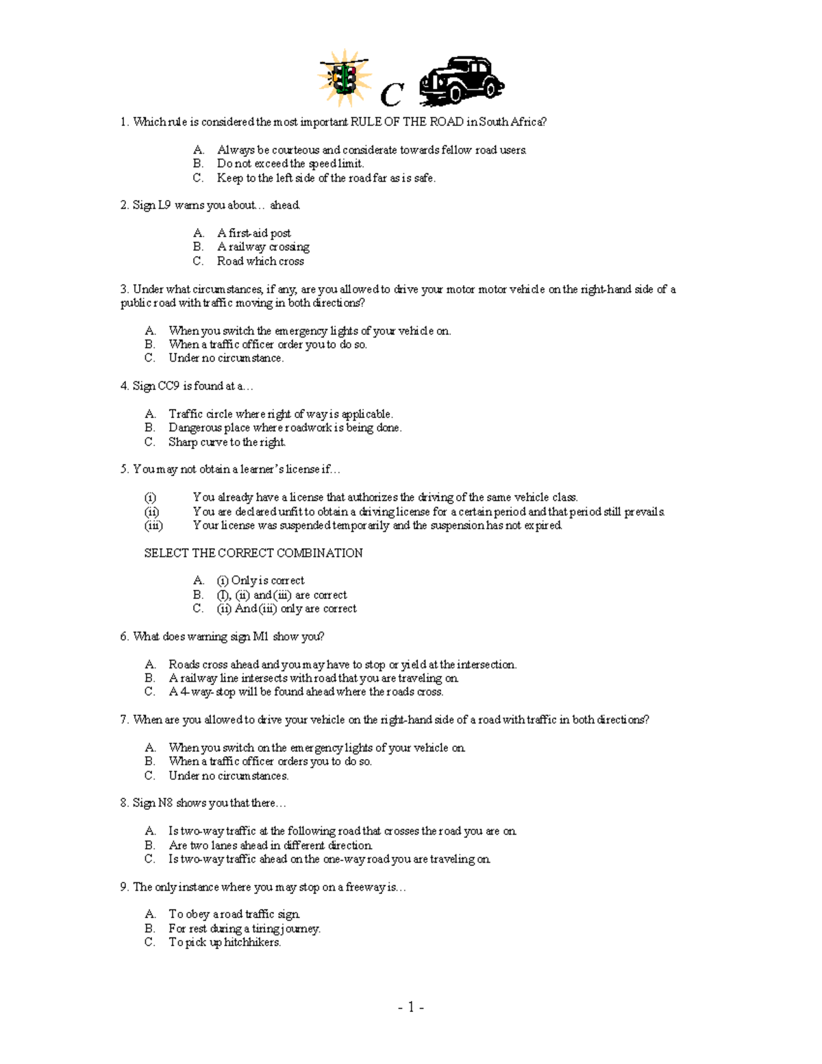 C 1: Essential Road Rules and Signs for South Africa (CODE 2) - Studocu